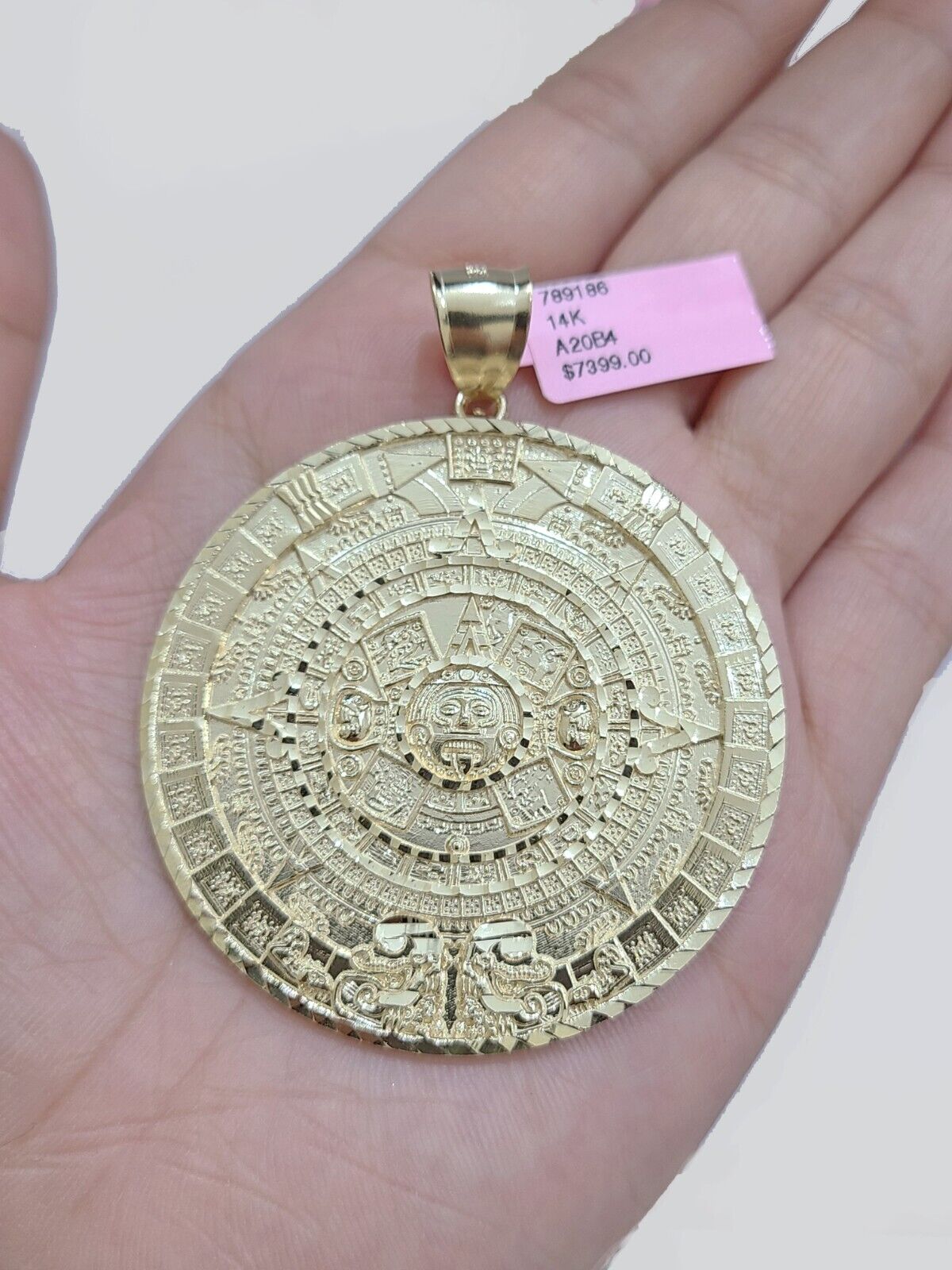 Real 14K Yellow Gold Aztec Calendar Charm Solid Pendant For Chain 14KT Necklace - GoldenlinQ