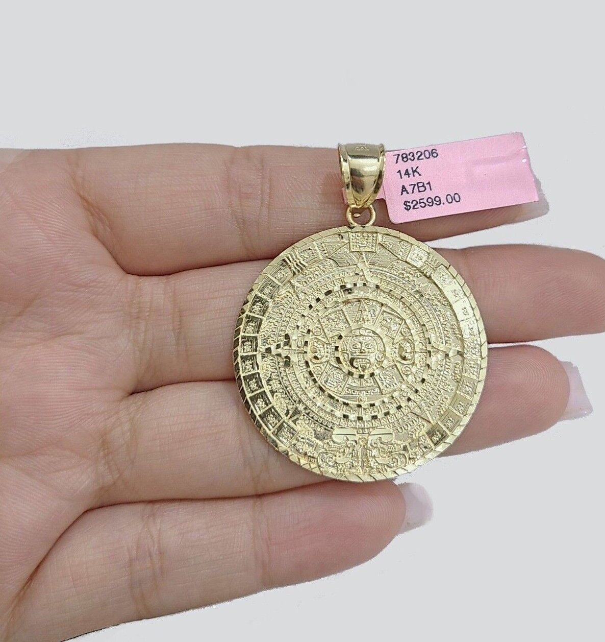 Real 14K Yellow Gold Aztec Calendar Charm Solid Pendant For Chain 14KT Necklace - GoldenlinQ