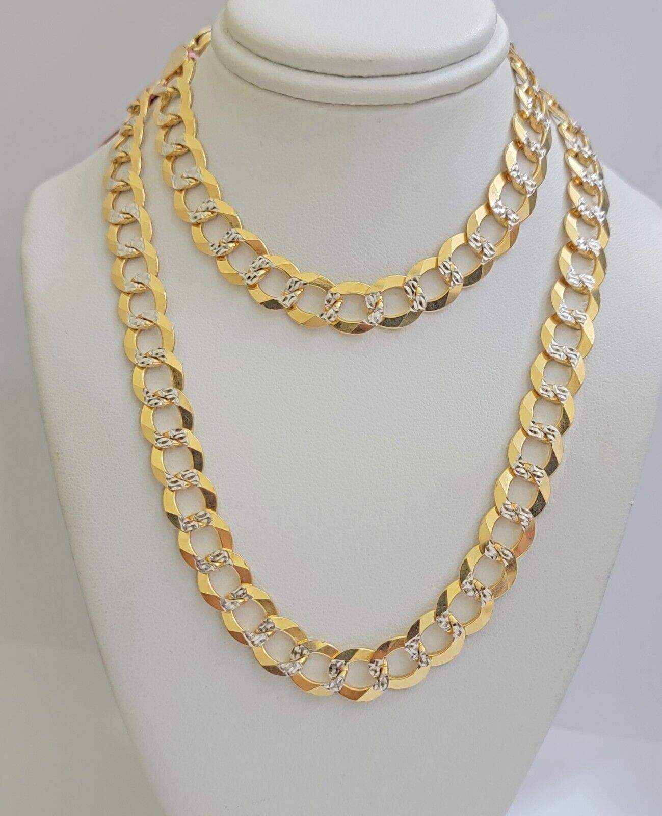 Real 14k Yellow Gold Chain Necklace Two - tone Cuban Curb Link 9.5mm 24 inch SOLID - GoldenlinQ