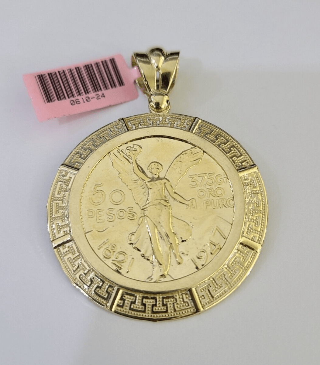 REAL 14k Yellow Gold Charm Centenario Style Coin in Bezel 50 Pesos 1947 Pendant - GoldenlinQ