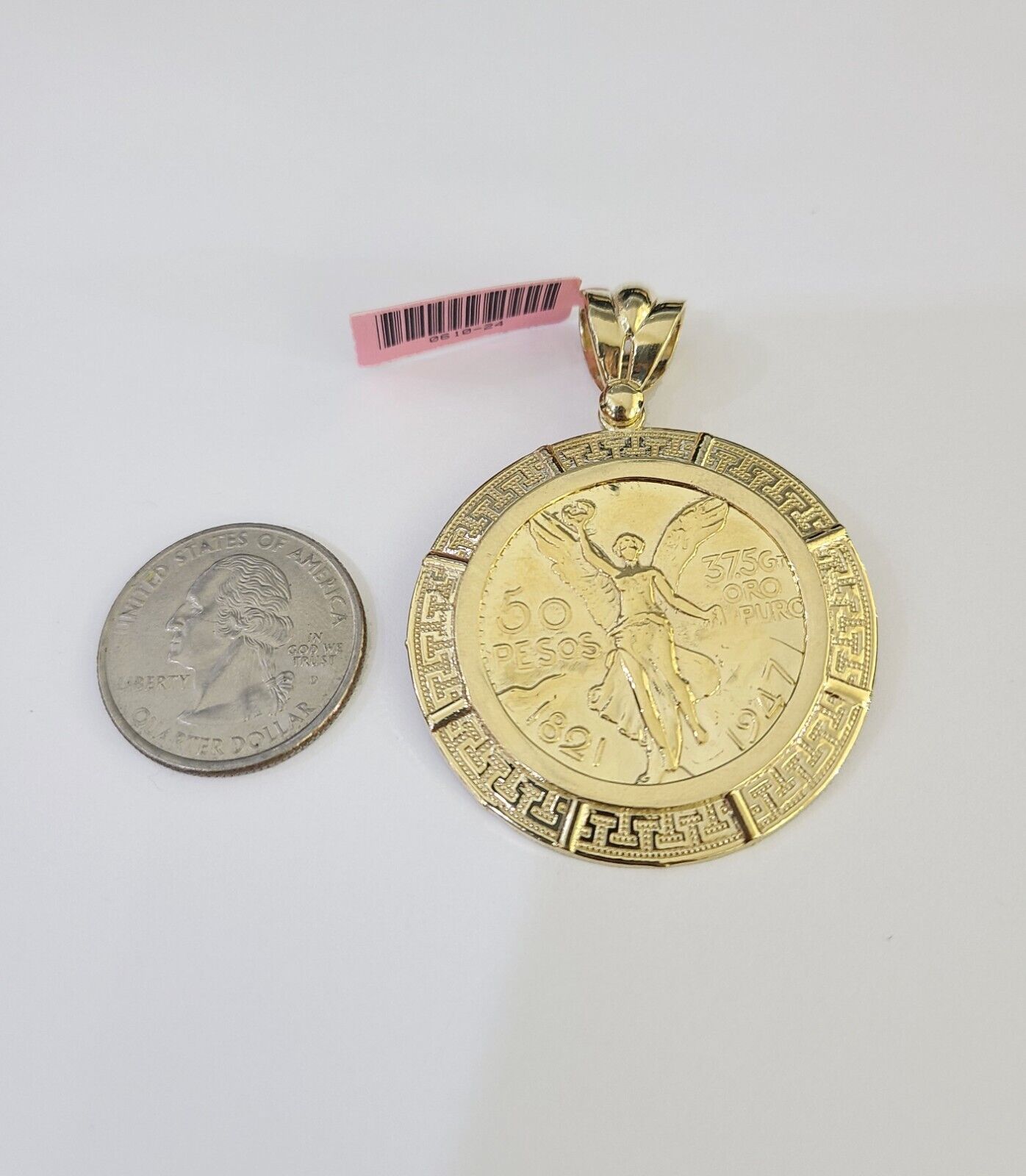 REAL 14k Yellow Gold Charm Centenario Style Coin in Bezel 50 Pesos 1947 Pendant - GoldenlinQ