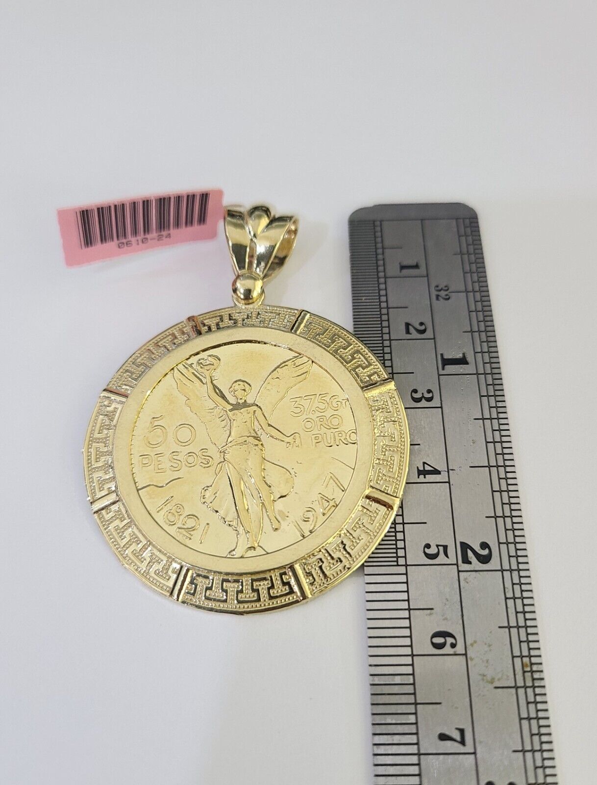 REAL 14k Yellow Gold Charm Centenario Style Coin in Bezel 50 Pesos 1947 Pendant - GoldenlinQ