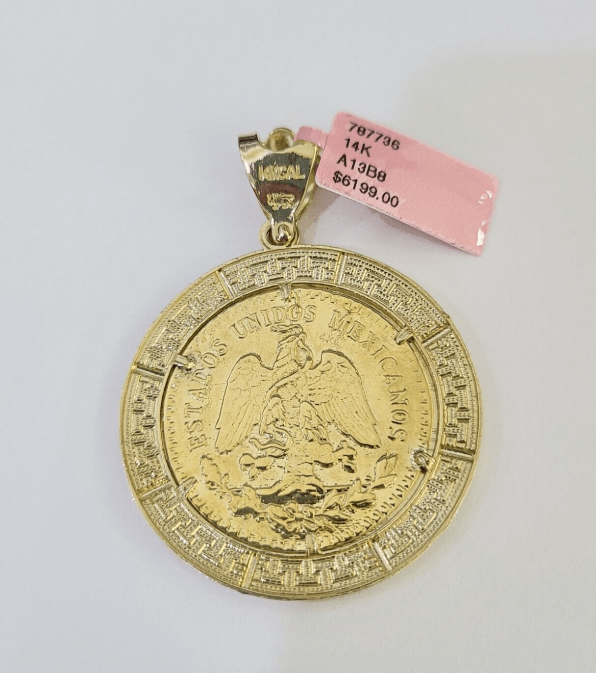 REAL 14k Yellow Gold Charm Centenario Style Coin in Bezel 50 Pesos 1947 Pendant - GoldenlinQ