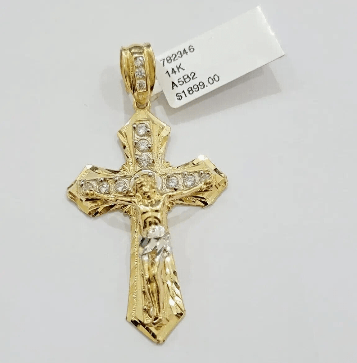 Real 14k Yellow Gold Cross Charm Pendant 14kt Jesus Crucifix With Stone For Mens - GoldenlinQ