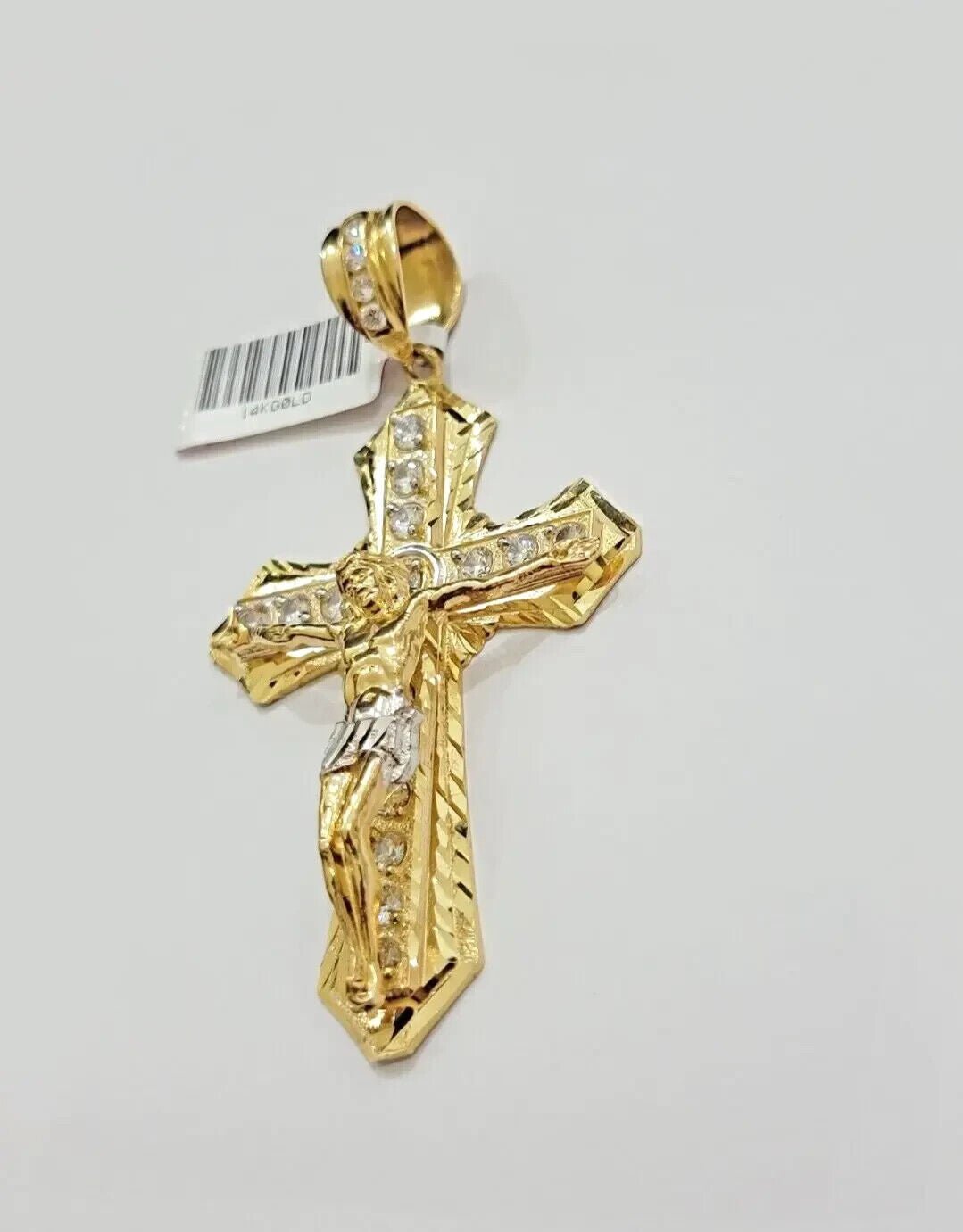 Real 14k Yellow Gold Cross Charm Pendant 14kt Jesus Crucifix With Stone For Mens - GoldenlinQ