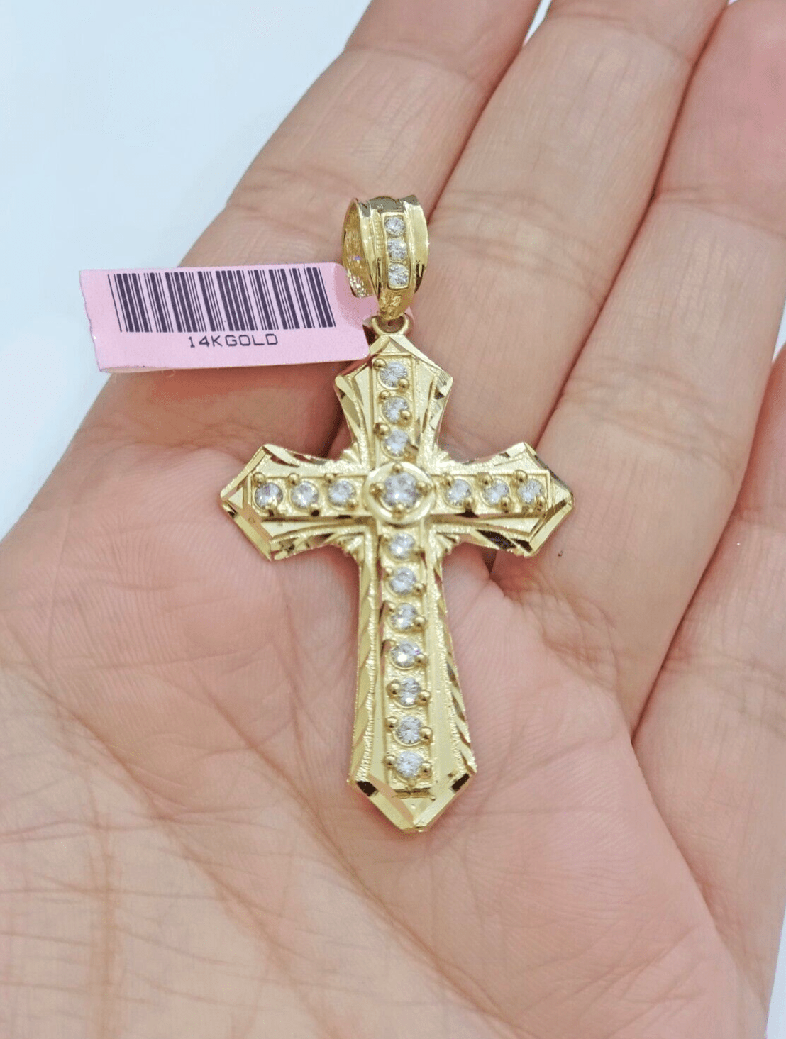 Real 14k Yellow Gold Cross Charm Pendant 2 Inch Diamond Cuts CZ Charm For Chains - GoldenlinQ