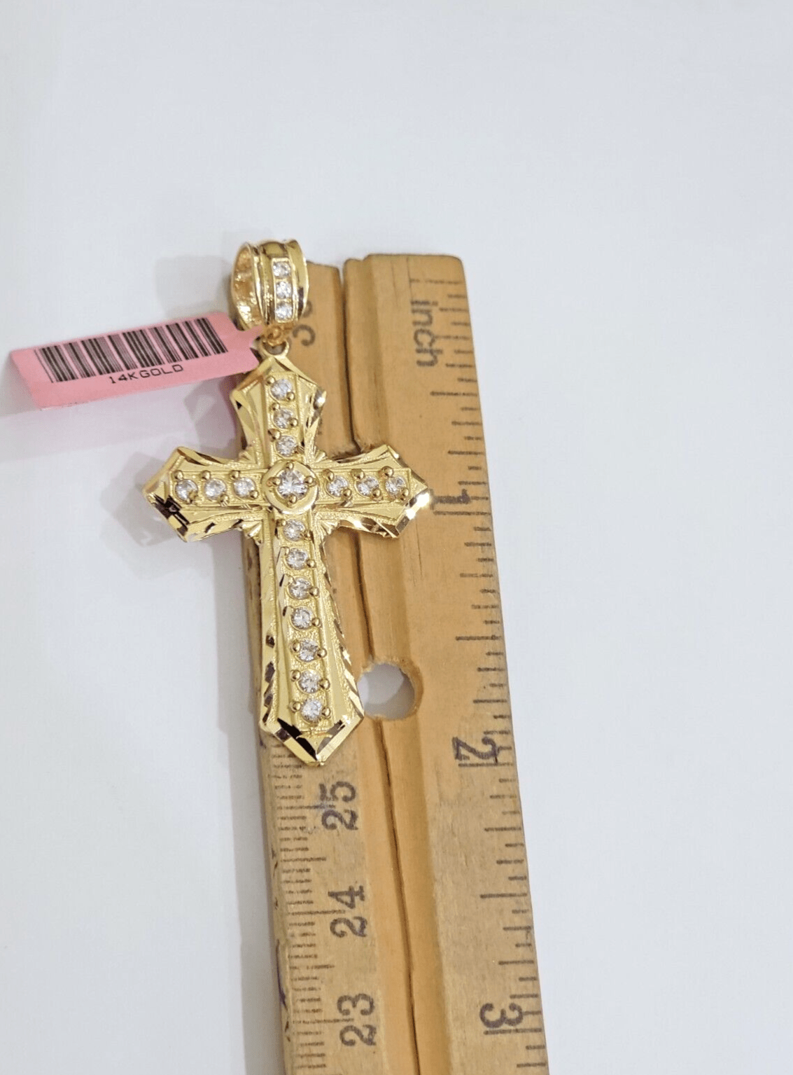 Real 14k Yellow Gold Cross Charm Pendant 2 Inch Diamond Cuts CZ Charm For Chains - GoldenlinQ