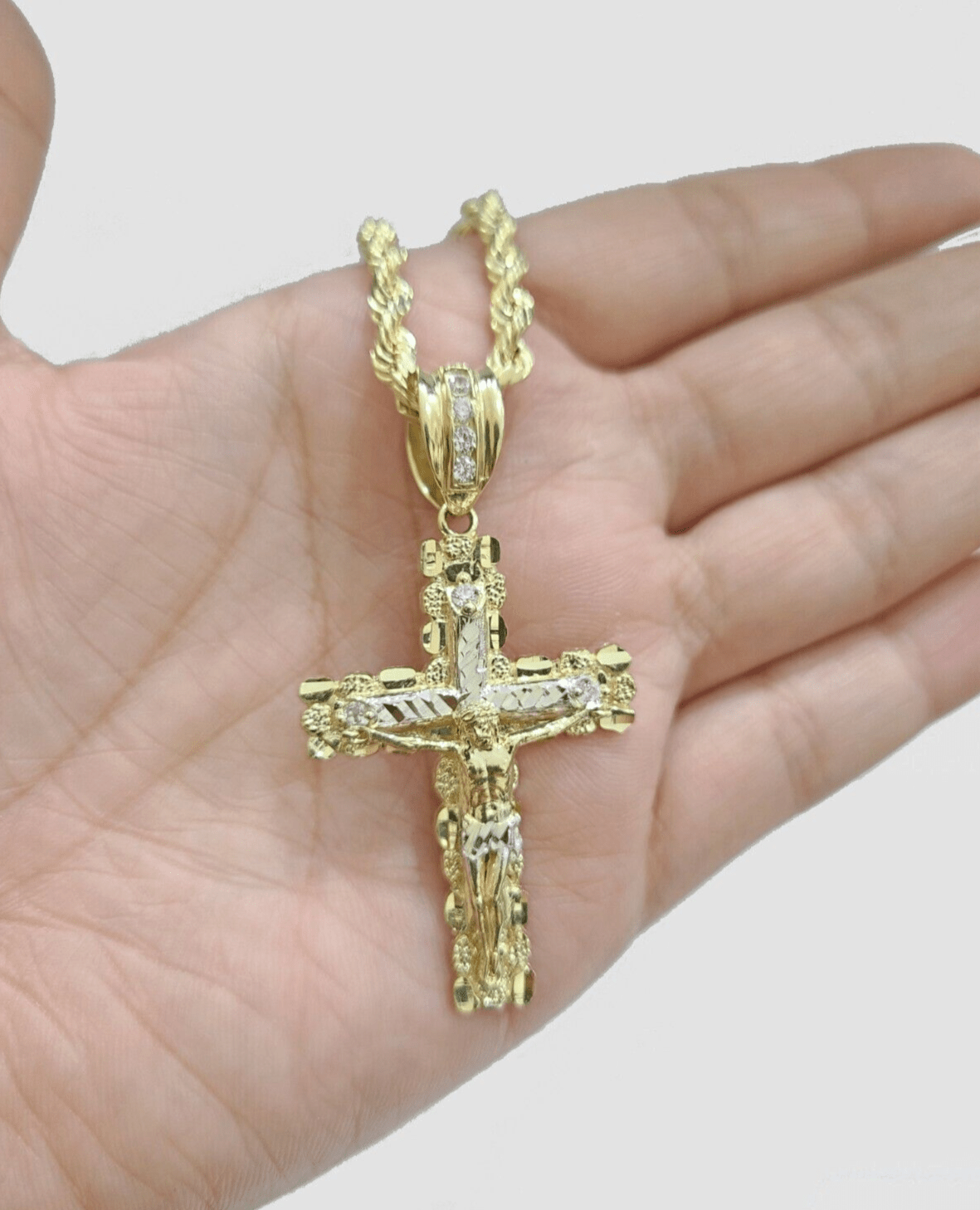 Real 14k Yellow Gold Cross Charm Rope Chain 4mm 18'' Necklace Pendant 14kt Jesus - GoldenlinQ