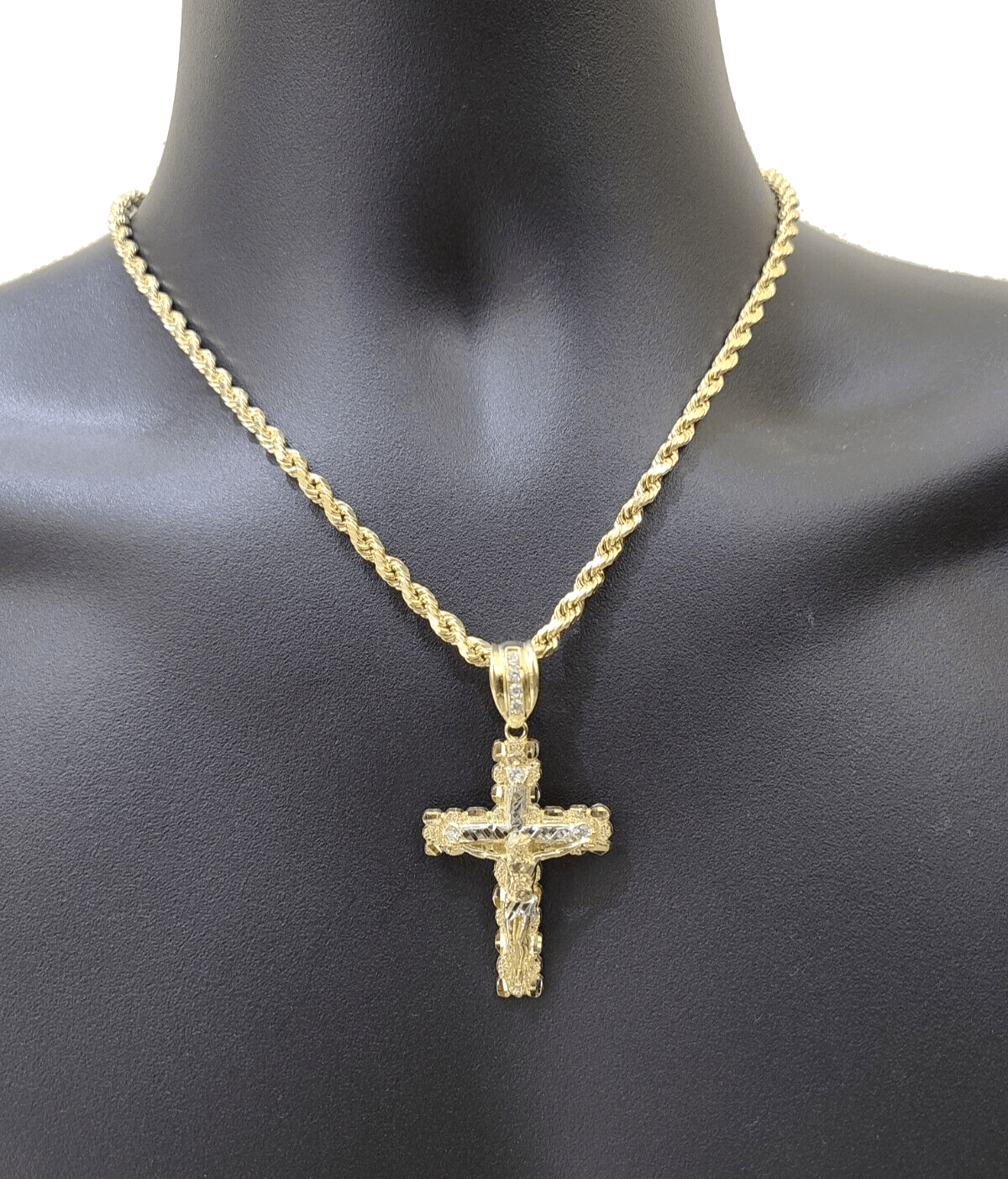Real 14k Yellow Gold Cross Charm Rope Chain 4mm 24'' Necklace Pendant 14kt Jesus - GoldenlinQ