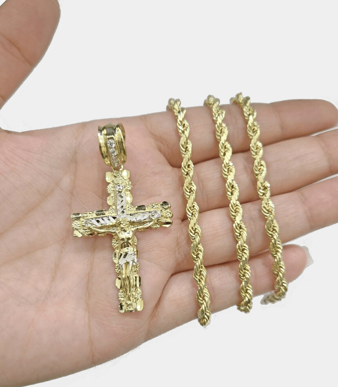 Real 14k Yellow Gold Cross Charm Rope Chain 4mm 24'' Necklace Pendant 14kt Jesus - GoldenlinQ