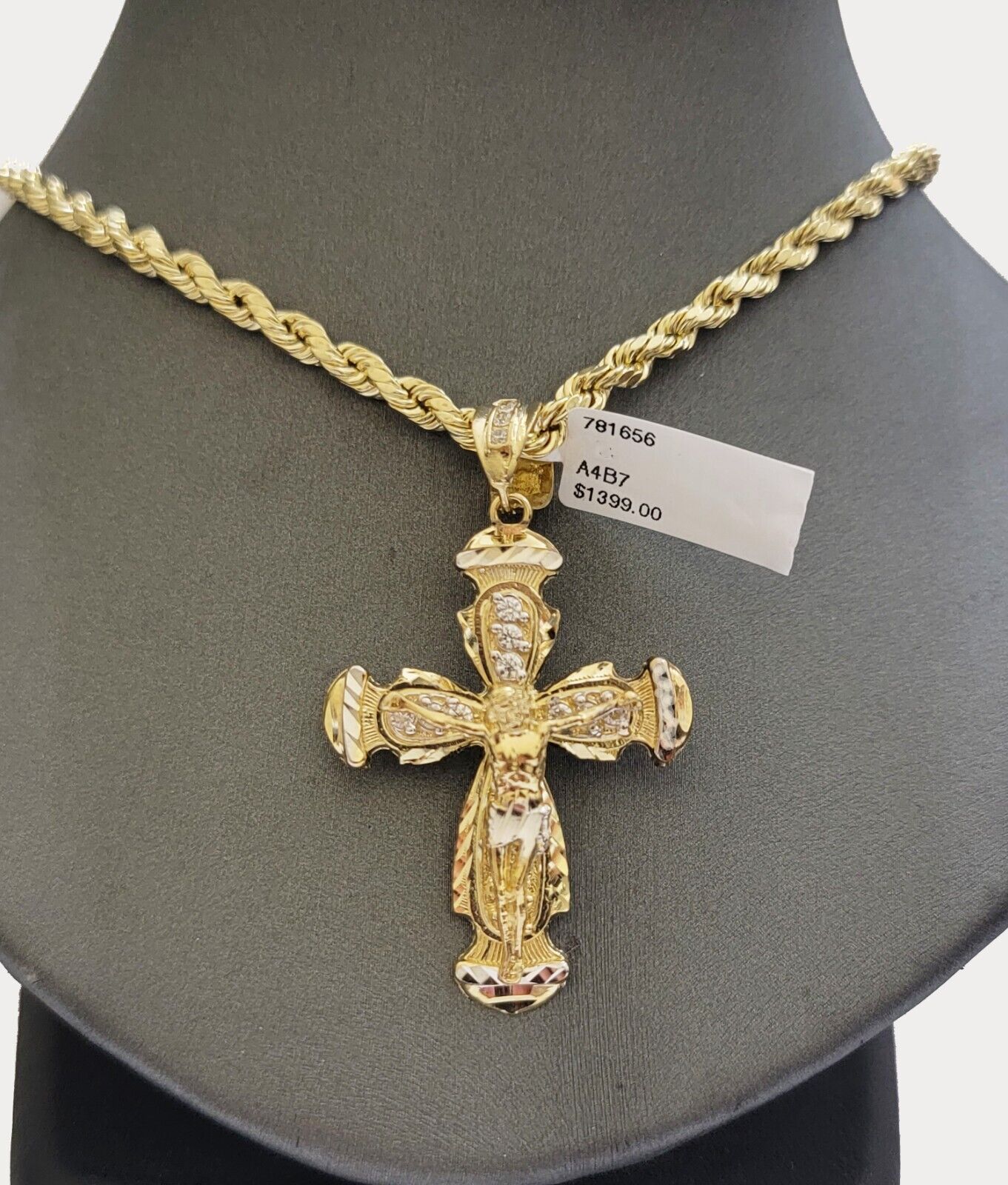 Real 14k Yellow Gold Cross pendant & Rope Chain Necklace 5mm 22" SET Charm Men's - GoldenlinQ
