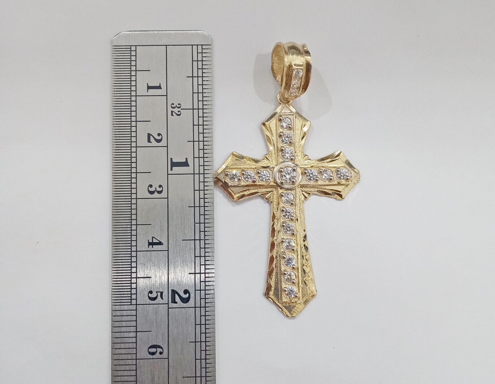 Real 14k Yellow Gold Diamond Cut Cross Charm Pendant 2" - GoldenlinQ