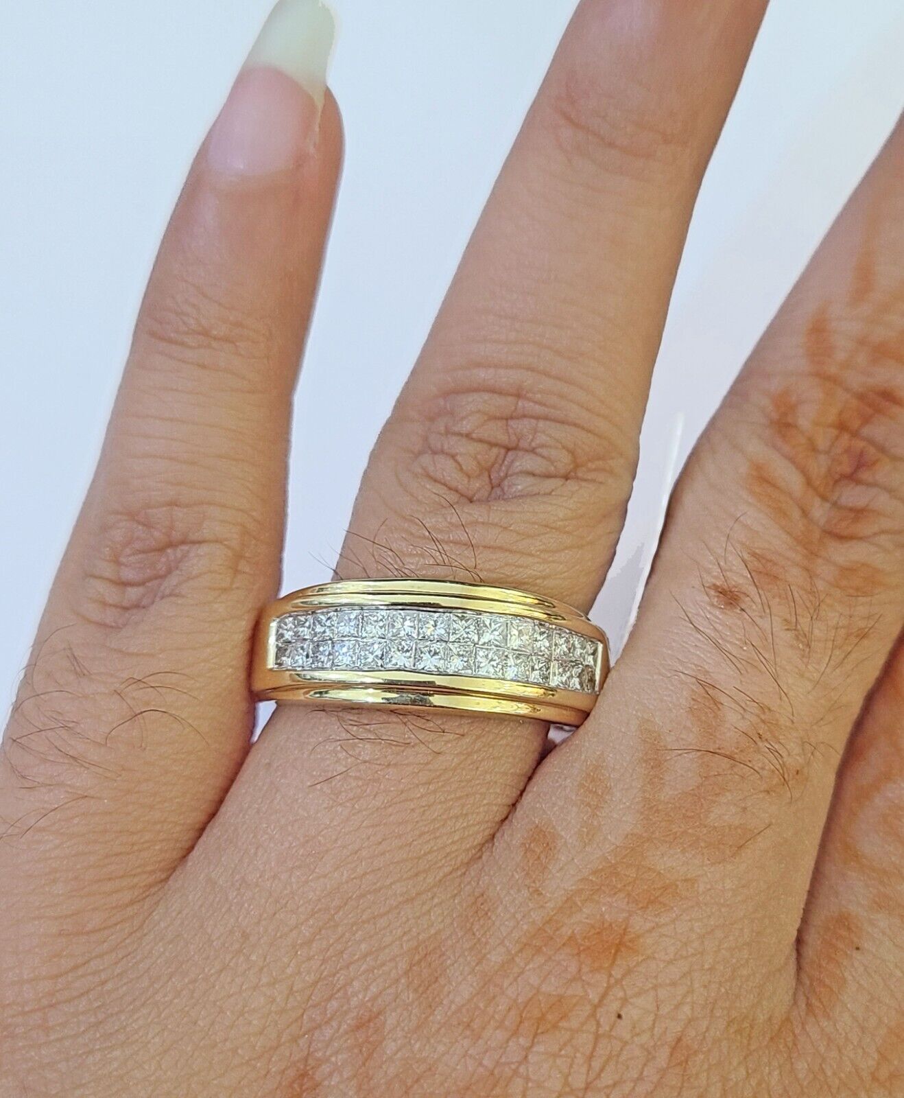 Real 14k Yellow Gold Diamond Mens Ring Two Row Band Wedding Genuine Natural - GoldenlinQ