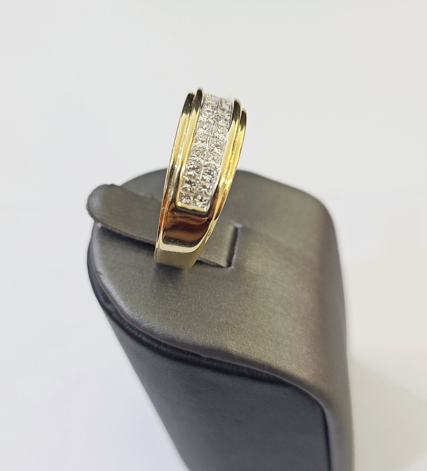 Real 14k Yellow Gold Diamond Mens Ring Two Row Band Wedding Genuine Natural - GoldenlinQ