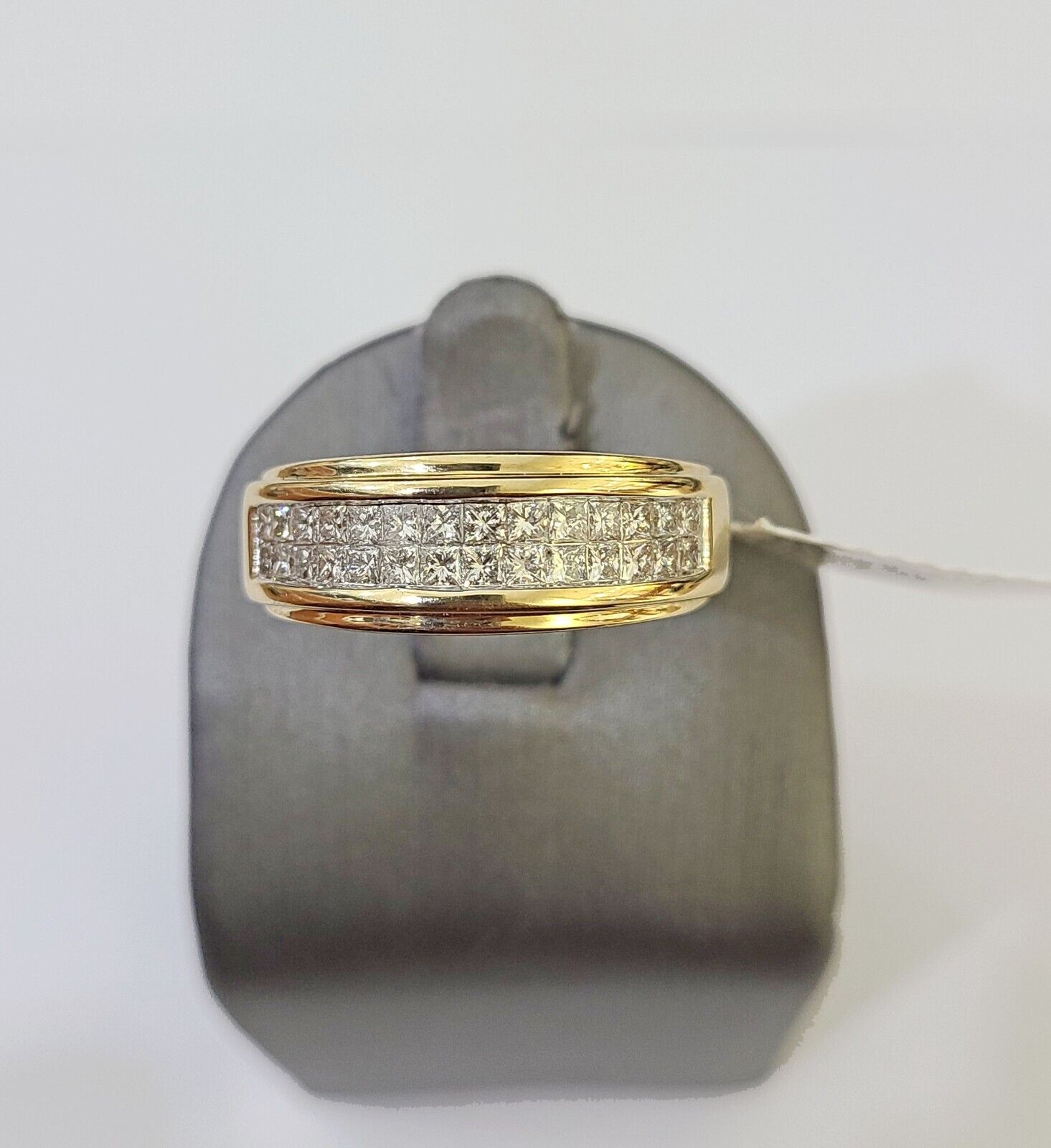 Real 14k Yellow Gold Diamond Mens Ring Two Row Band Wedding Genuine Natural - GoldenlinQ