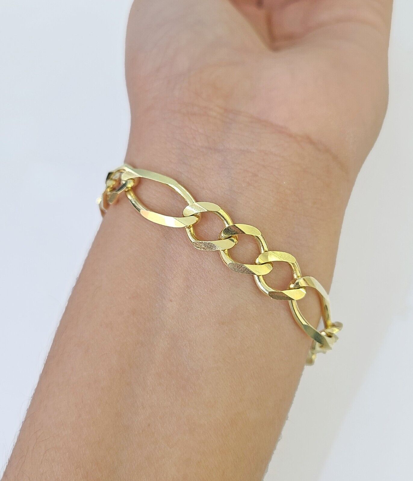 Real 14k Yellow Gold Figaro link Bracelet 9mm 8" Inch Men women Diamond Cut - GoldenlinQ