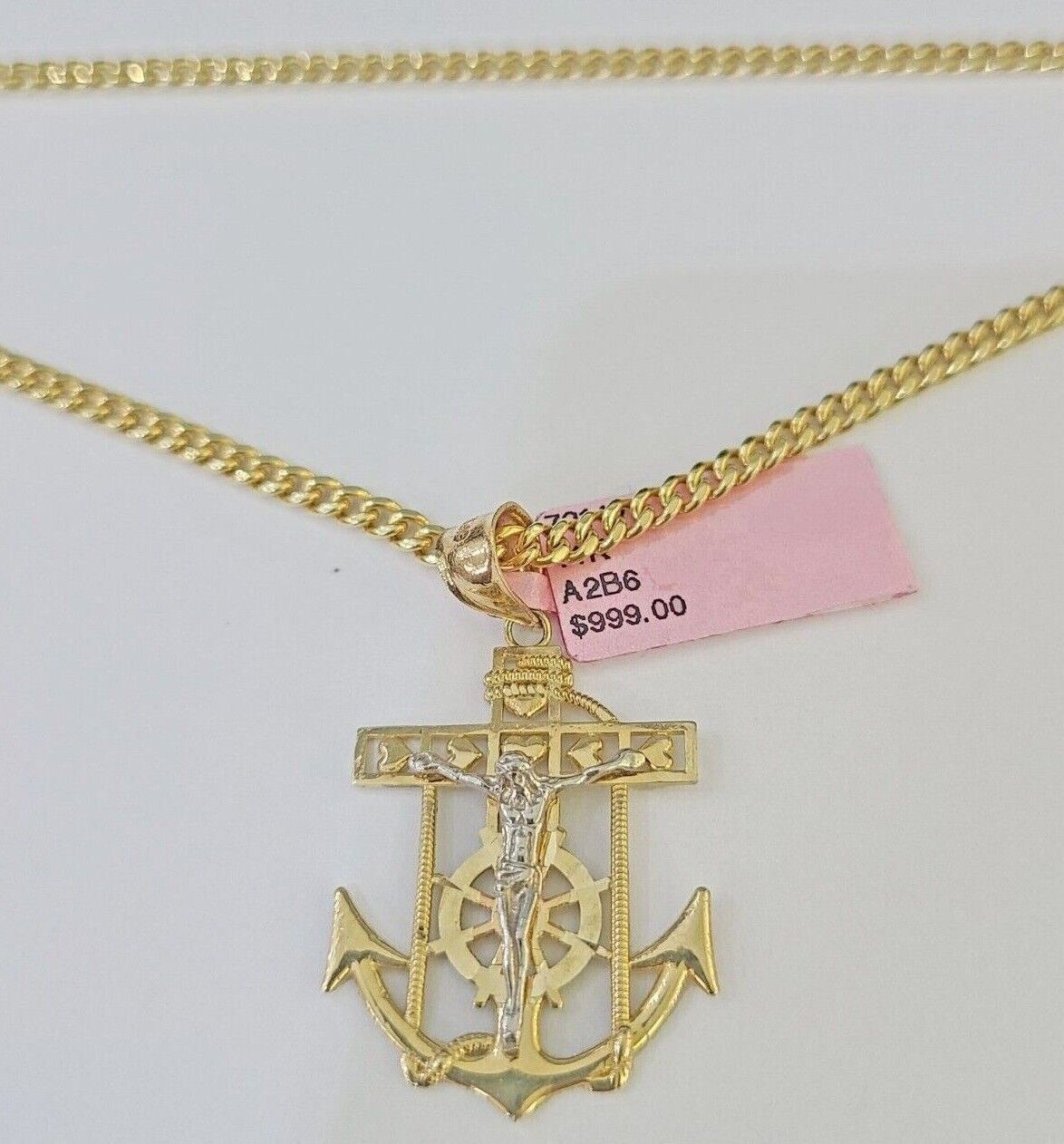 Real 14k Yellow Gold Jesus Anchor Charm Pendant &Miami Cuban Link Chain Necklace - GoldenlinQ