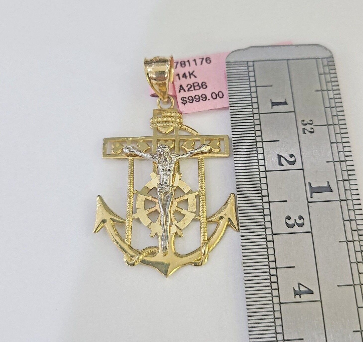 Real 14k Yellow Gold Jesus Anchor Charm Pendant &Miami Cuban Link Chain Necklace - GoldenlinQ