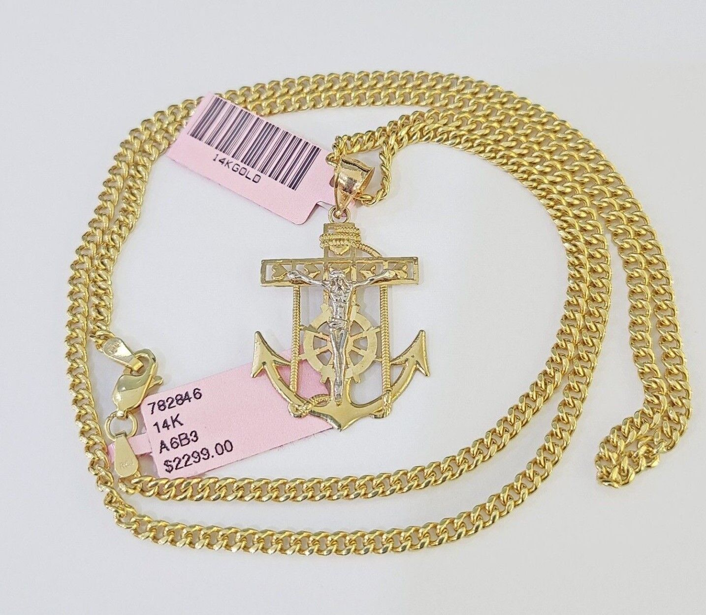 Real 14k Yellow Gold Jesus Anchor Charm Pendant &Miami Cuban Link Chain Necklace - GoldenlinQ