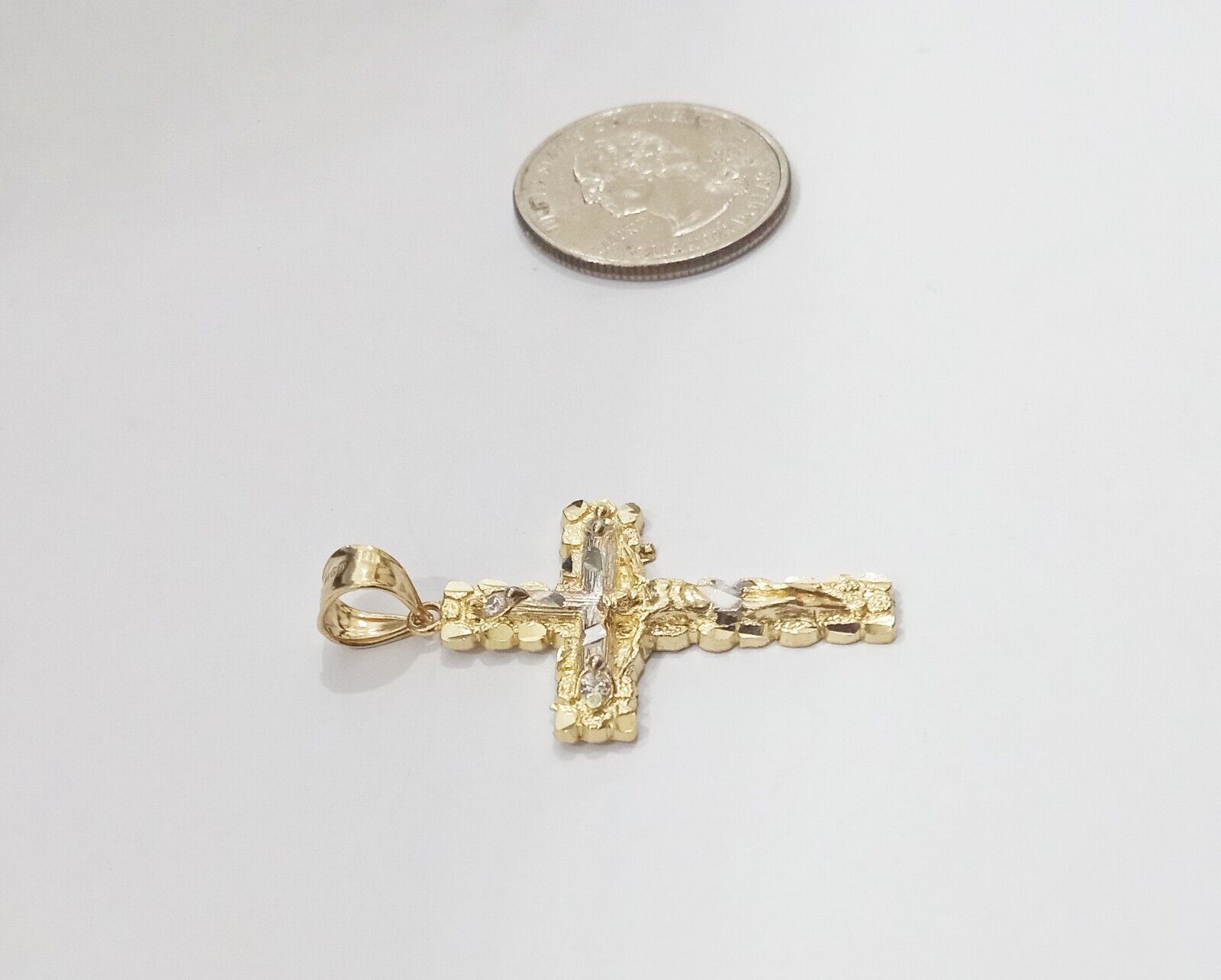 Real 14k Yellow Gold Jesus Crucifix Nugget Cross Charm Pendant 1.5" inch - GoldenlinQ