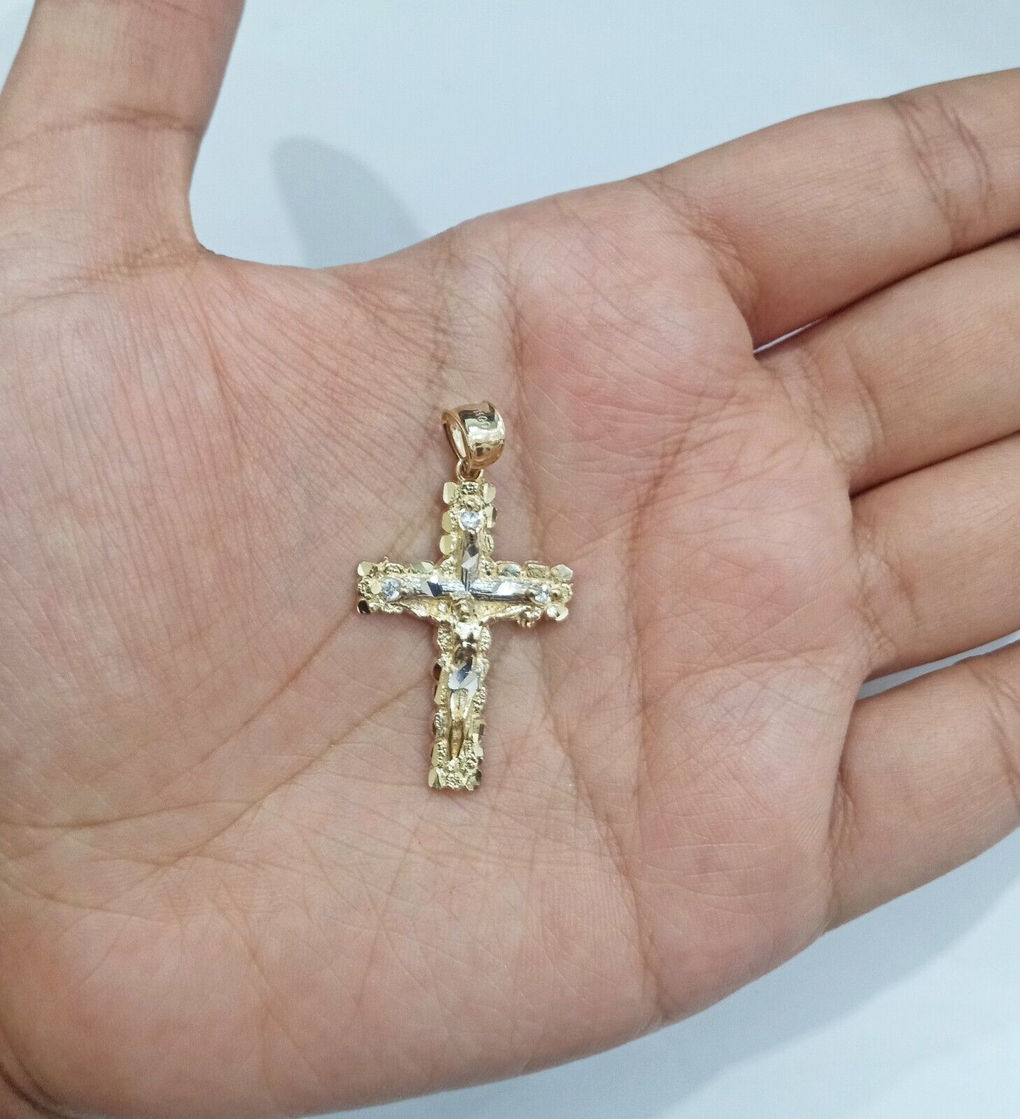 Real 14k Yellow Gold Jesus Crucifix Nugget Cross Charm Pendant 1.5" inch - GoldenlinQ