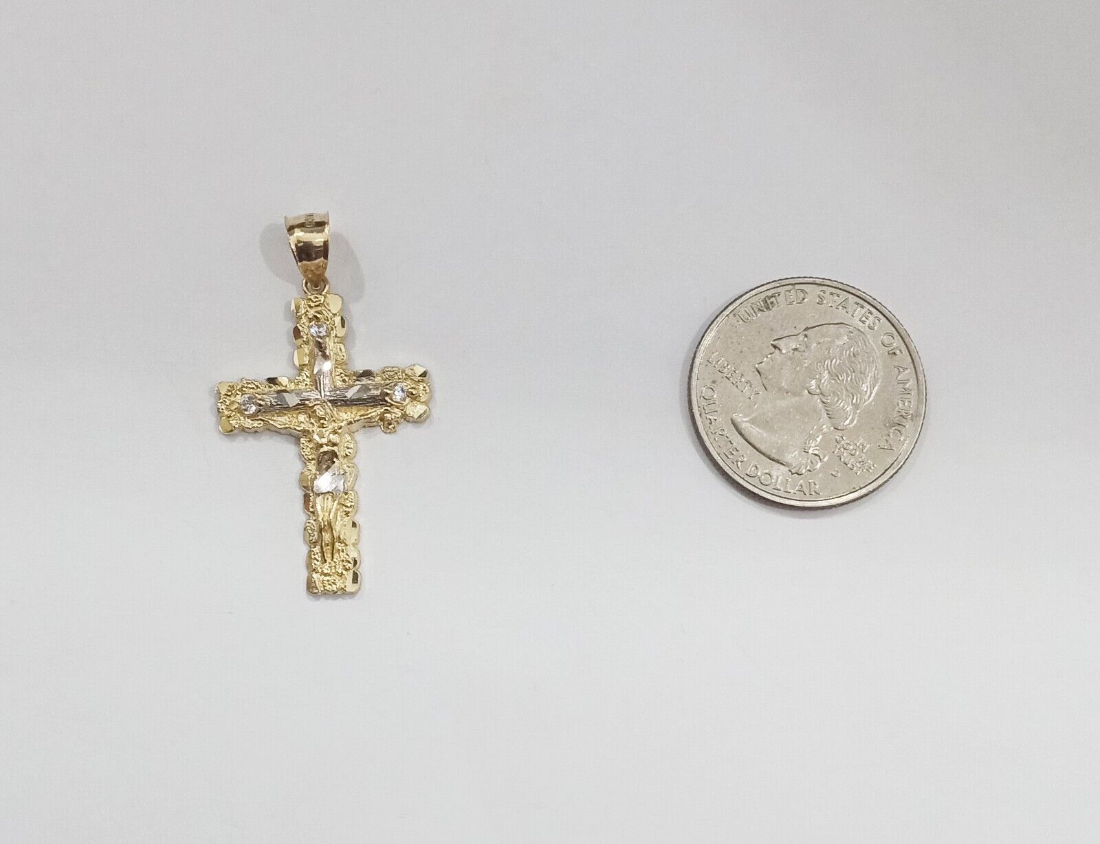 Real 14k Yellow Gold Jesus Crucifix Nugget Cross Charm Pendant 1.5" inch - GoldenlinQ