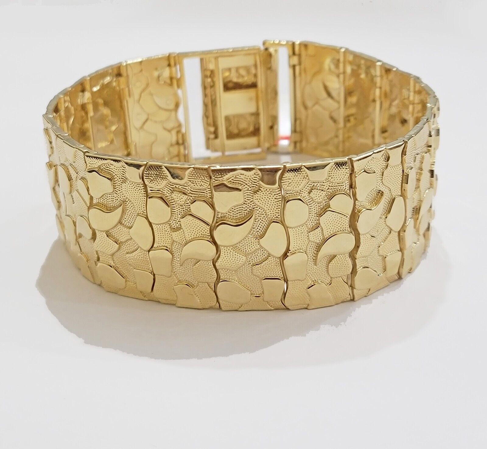 Real 14k Yellow Gold Nugget Bracelet 10 Inch Long 30mm Thick Genuine 14 KT Solid - GoldenlinQ