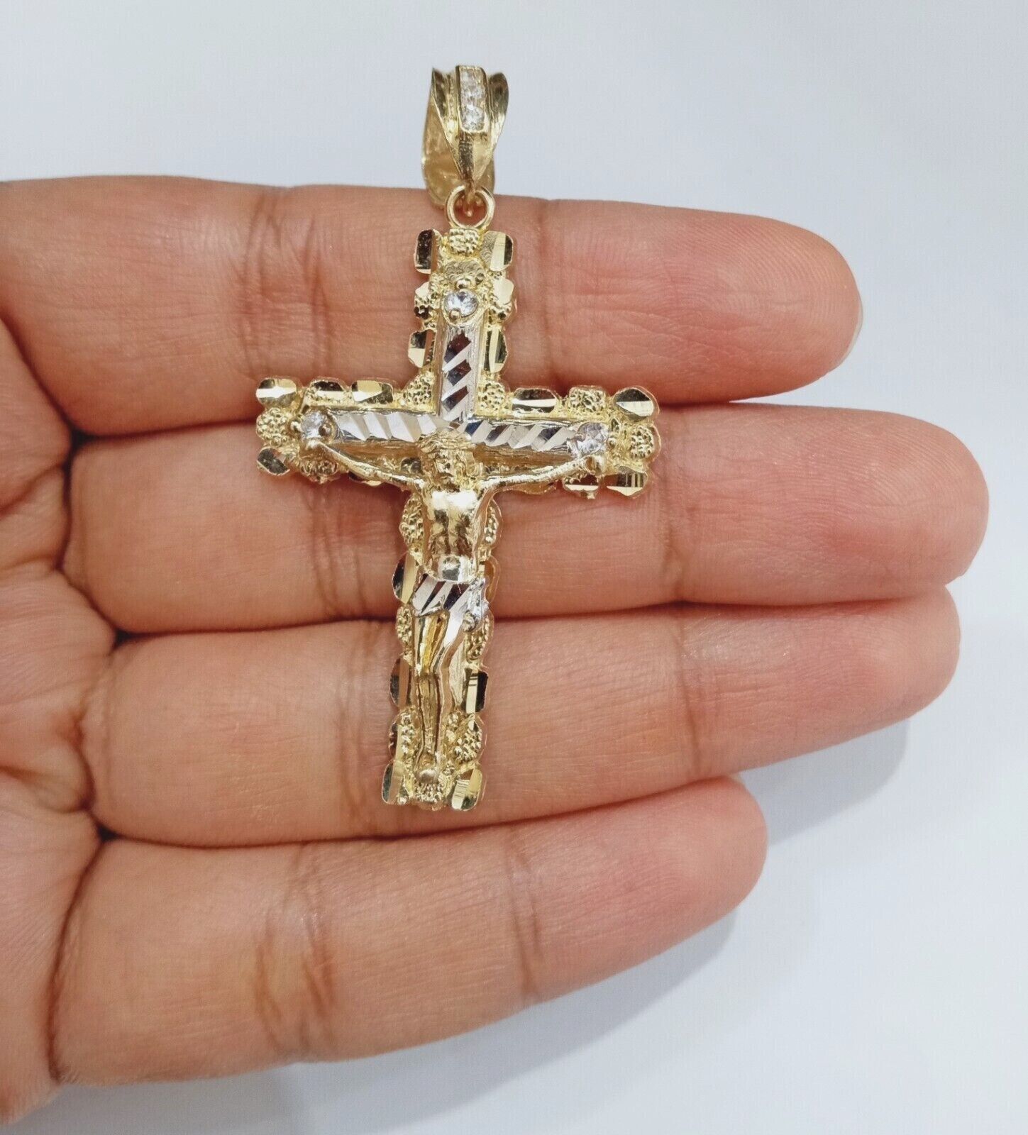 Real 14k Yellow Gold Nugget Jesus Cross Charm Pendant 2" 14kt Gold - GoldenlinQ