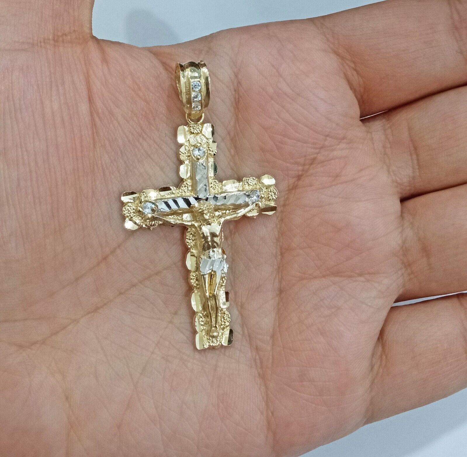 Real 14k Yellow Gold Nugget Jesus Cross Charm Pendant 2" 14kt Gold - GoldenlinQ