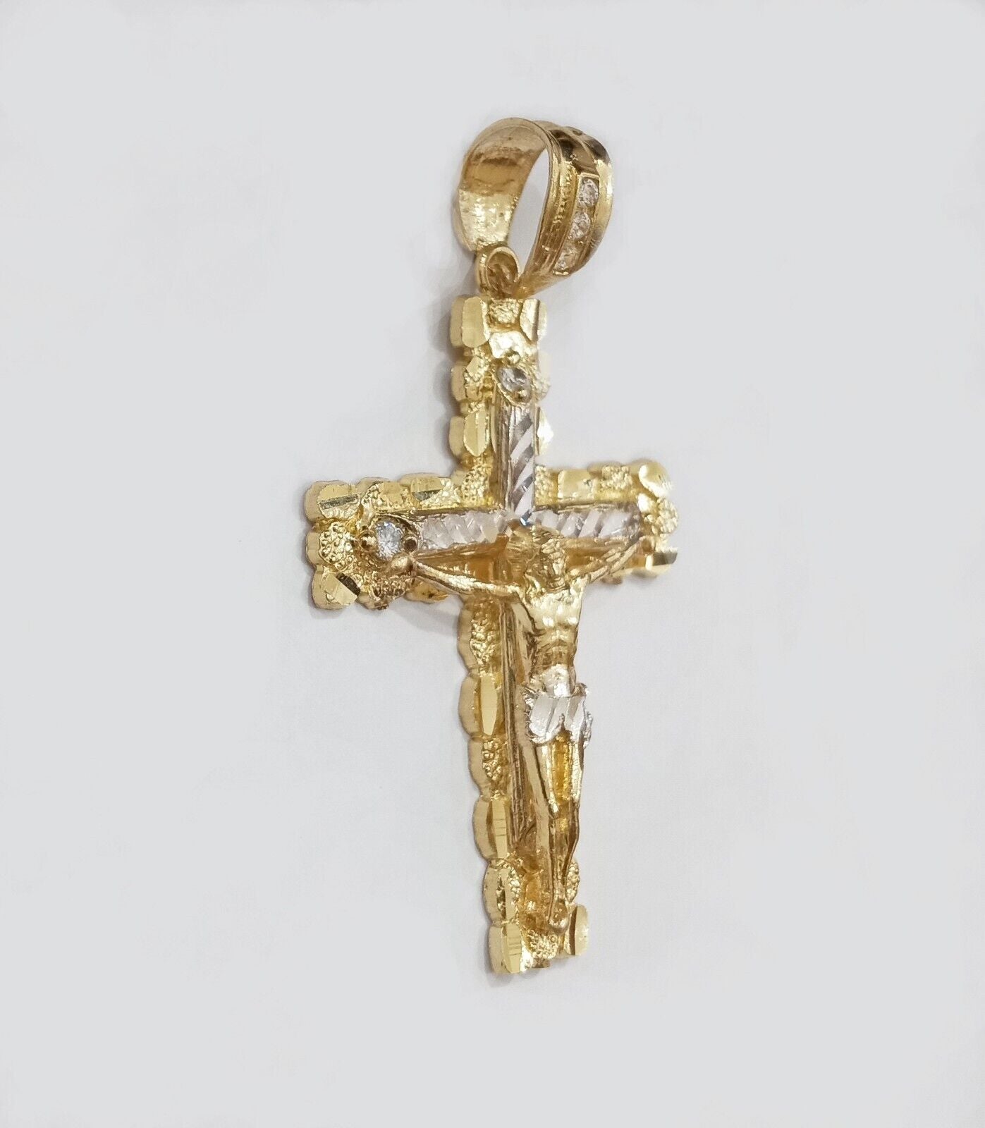 Real 14k Yellow Gold Nugget Jesus Cross Charm Pendant 2" 14kt Gold - GoldenlinQ