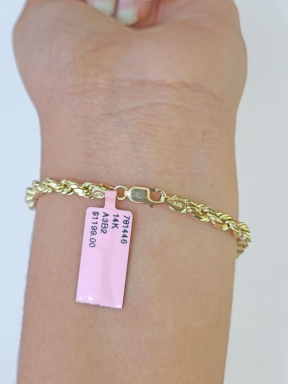 Real 14k Yellow Gold Rope Bracelet 3mm 8 Inch Men women diamond Cut - GoldenlinQ