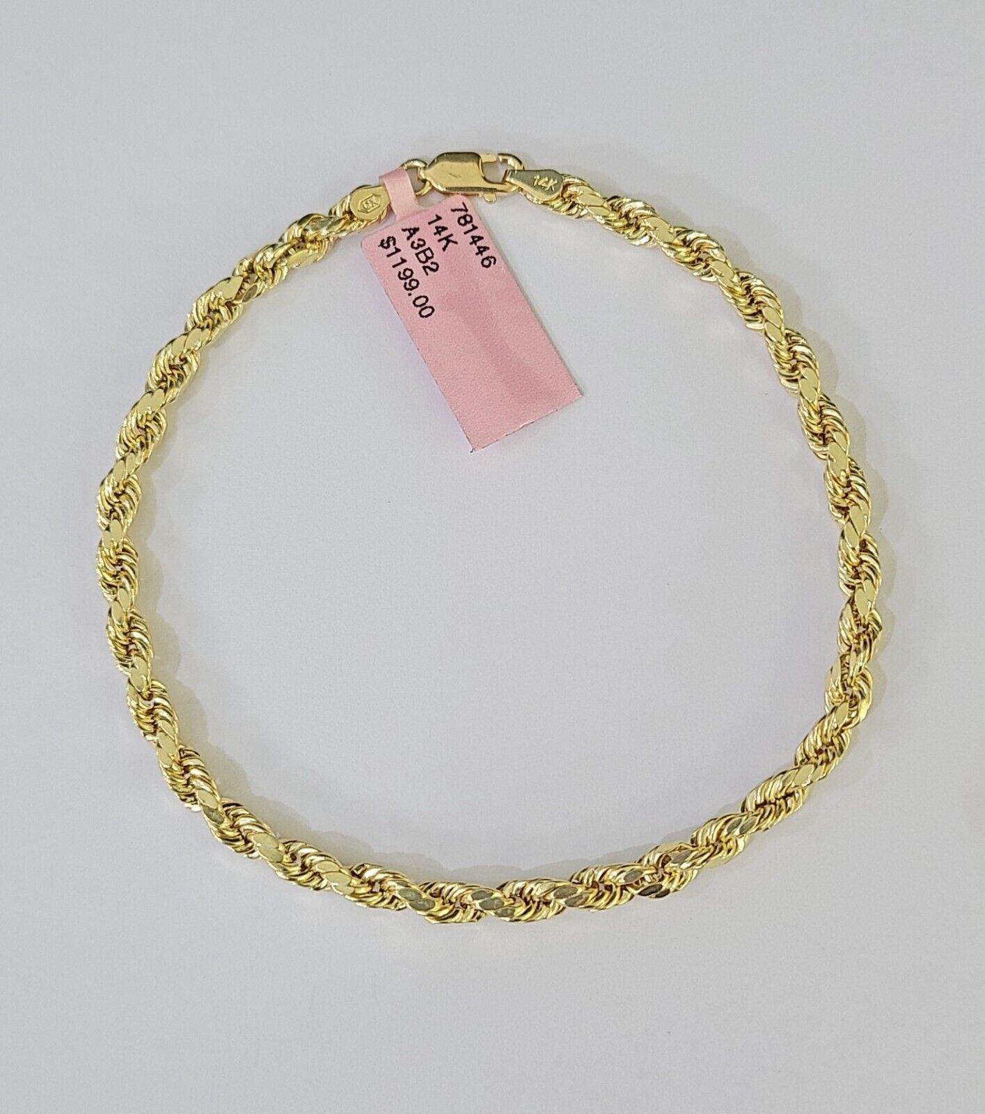 Real 14k Yellow Gold Rope Bracelet 3mm 8 Inch Men women diamond Cut - GoldenlinQ