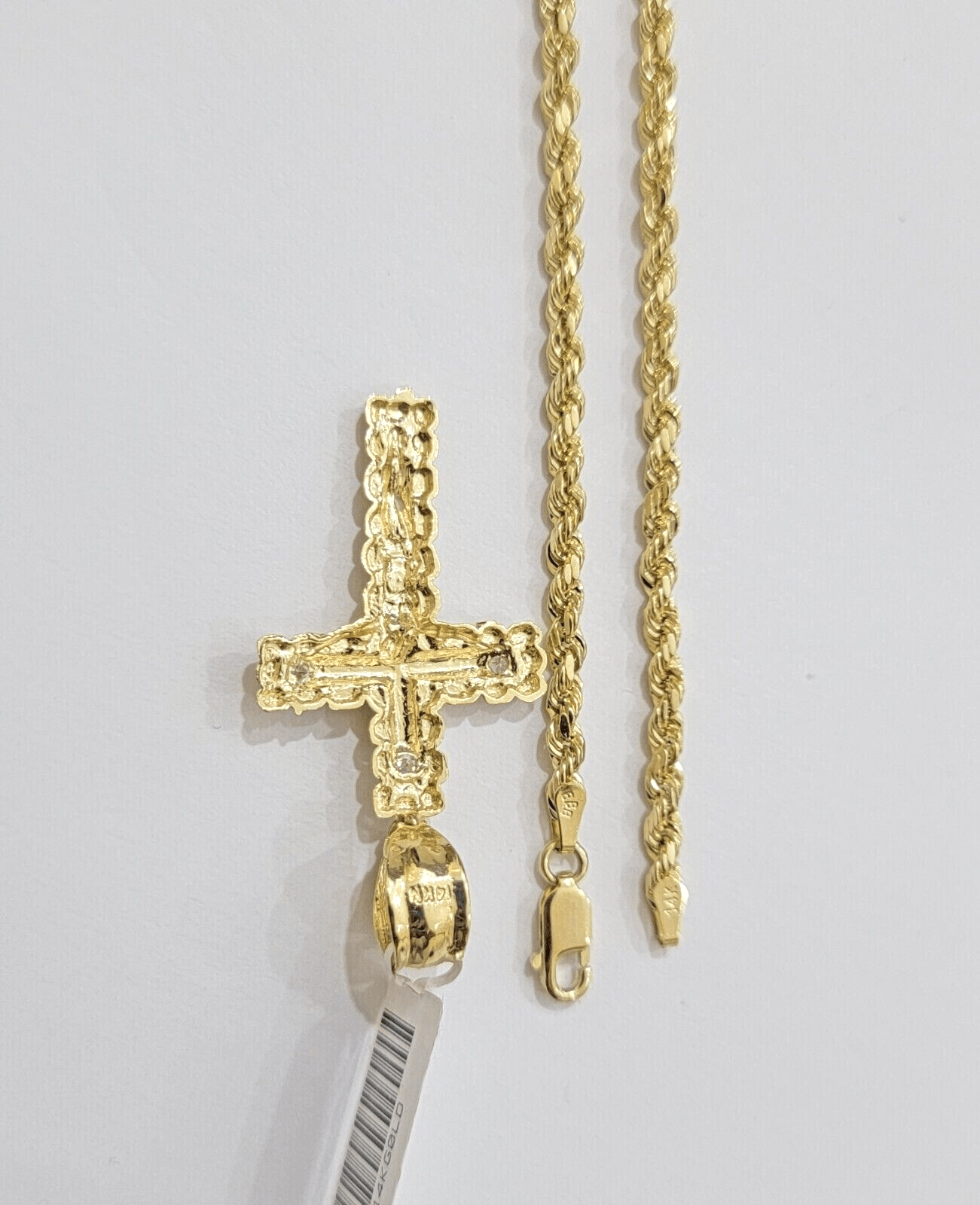 Real 14k Yellow Gold Rope Chain 24'' Necklace Jesus Crucifix Cross Charm Pendant - GoldenlinQ