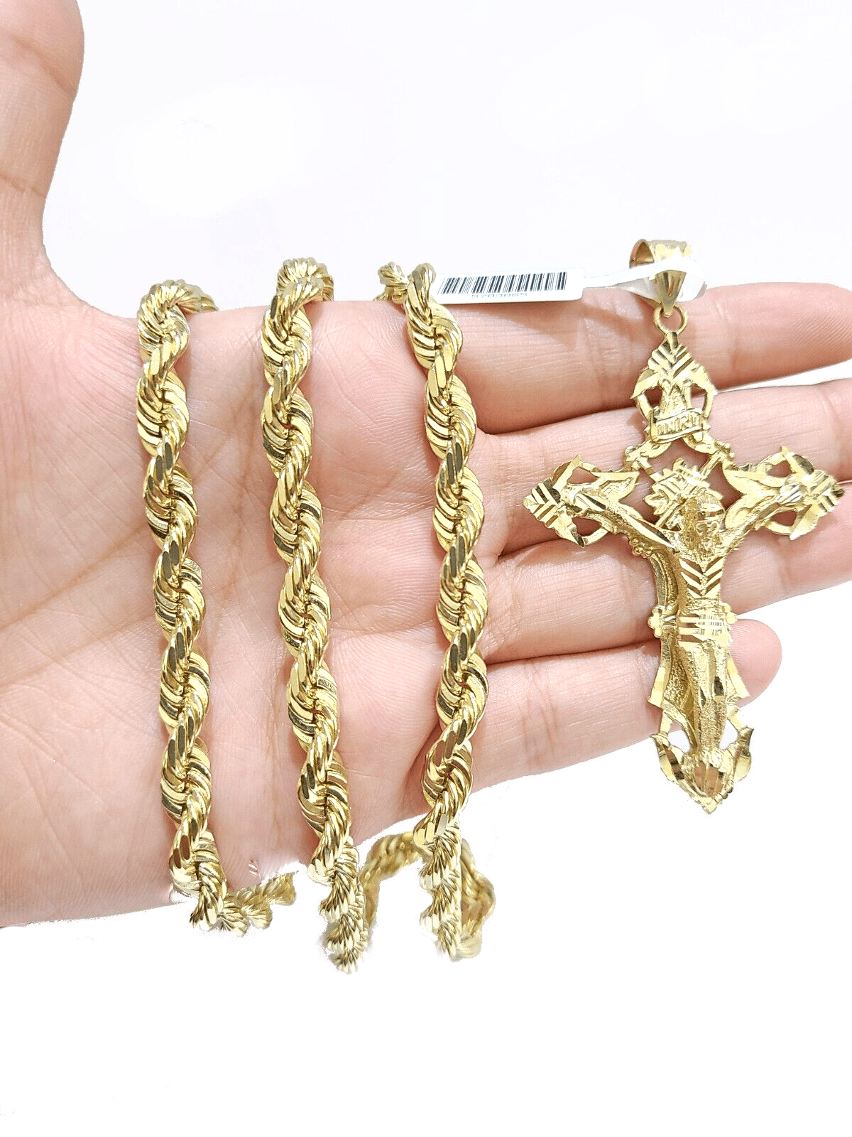 Real 14k Yellow Gold Rope Chain 24'' Necklace Jesus Crucifix Cross Charm Pendant - GoldenlinQ