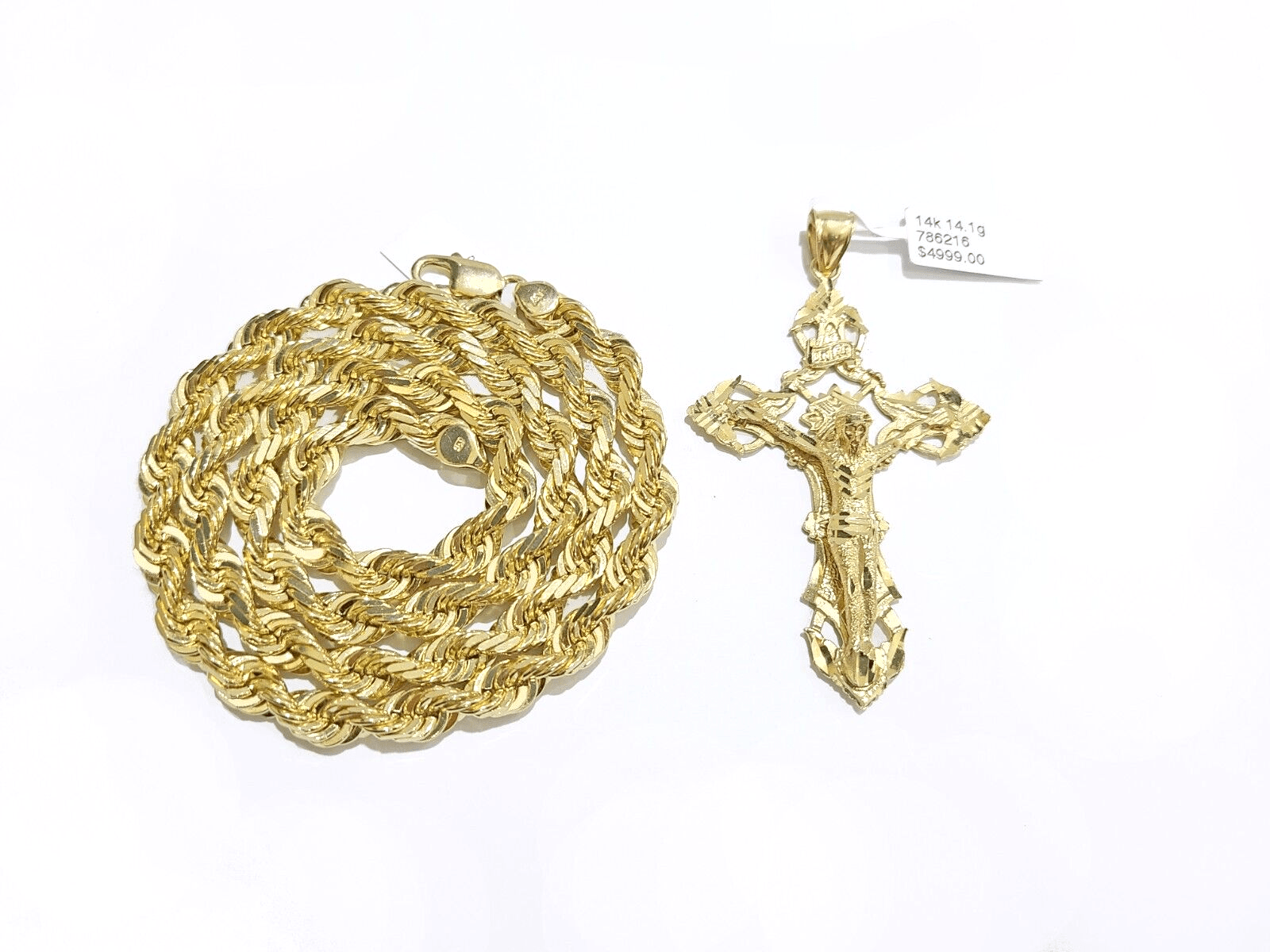Real 14k Yellow Gold Rope Chain 24'' Necklace Jesus Crucifix Cross Charm Pendant - GoldenlinQ