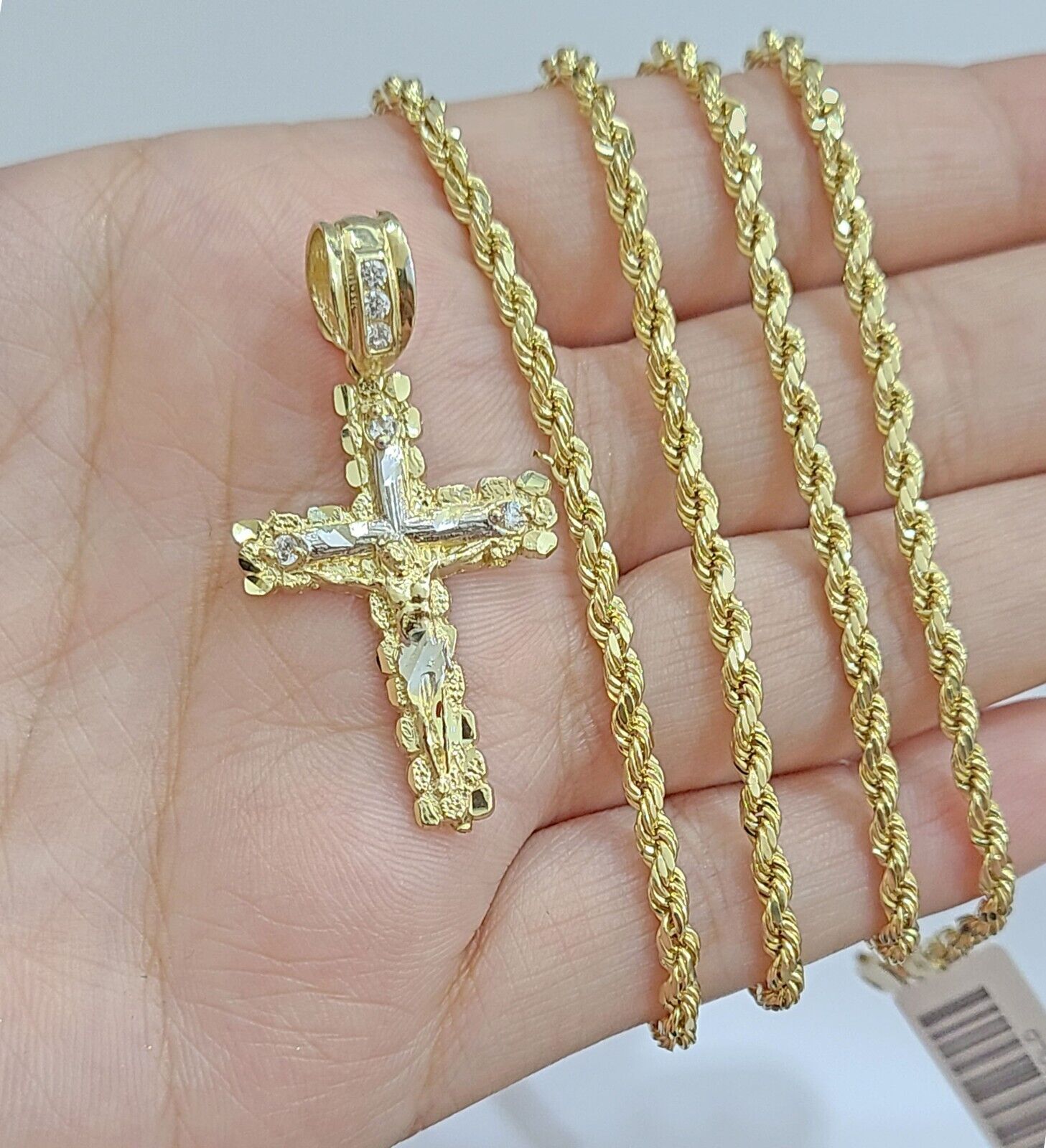 Real 14k Yellow Gold Rope Chain 24'' Necklace Jesus Crucifix Cross Charm Pendant - GoldenlinQ