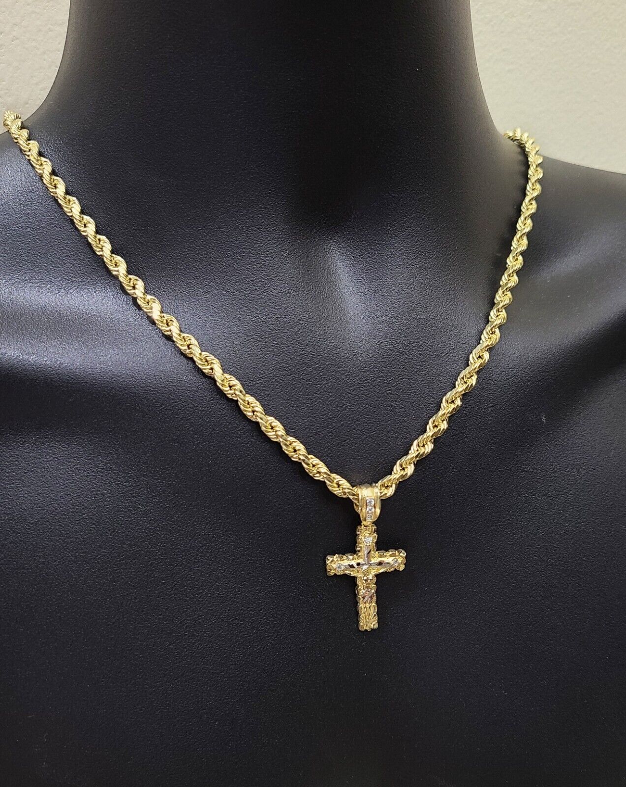 Real 14k Yellow Gold Rope Chain 26'' Necklace Jesus Crucifix Cross Charm Pendant - GoldenlinQ