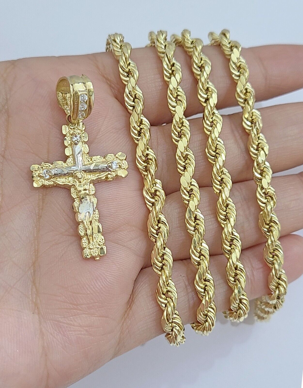 Real 14k Yellow Gold Rope Chain 26'' Necklace Jesus Crucifix Cross Charm Pendant - GoldenlinQ