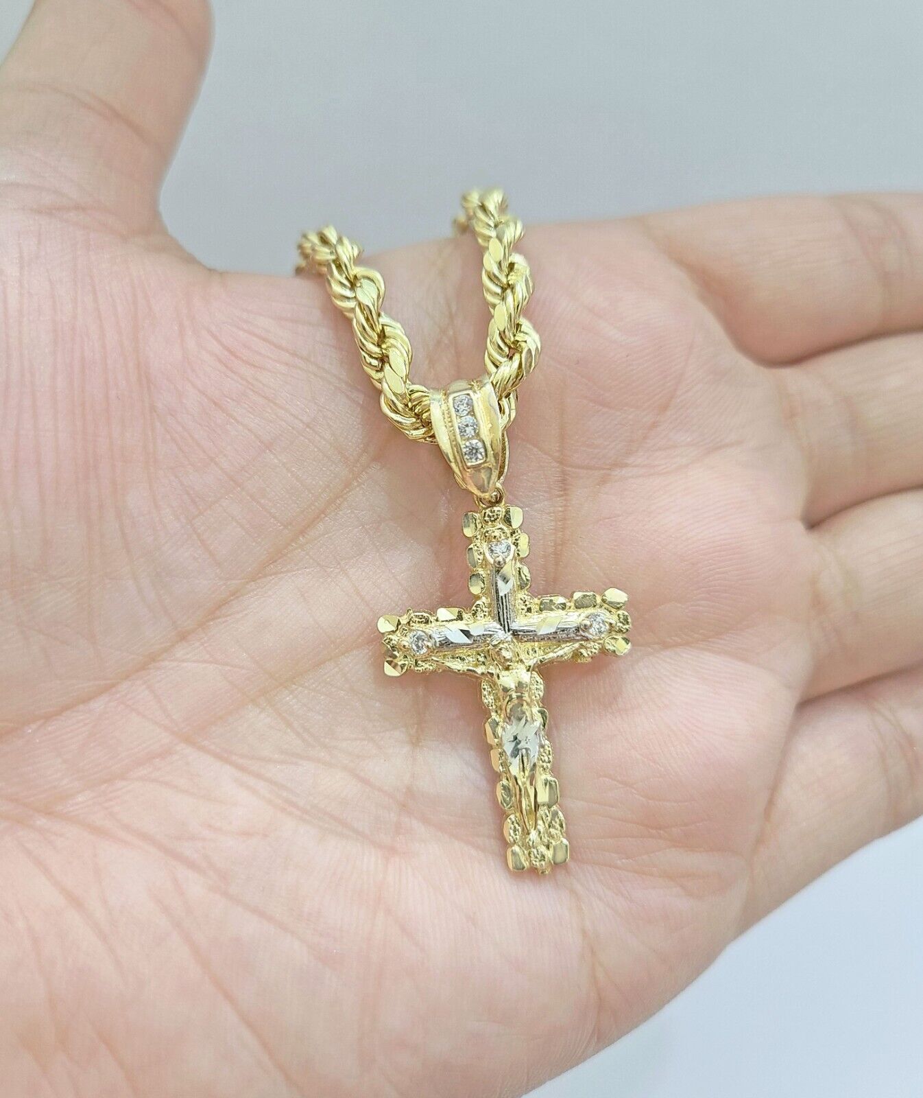 Real 14k Yellow Gold Rope Chain 26'' Necklace Jesus Crucifix Cross Charm Pendant - GoldenlinQ