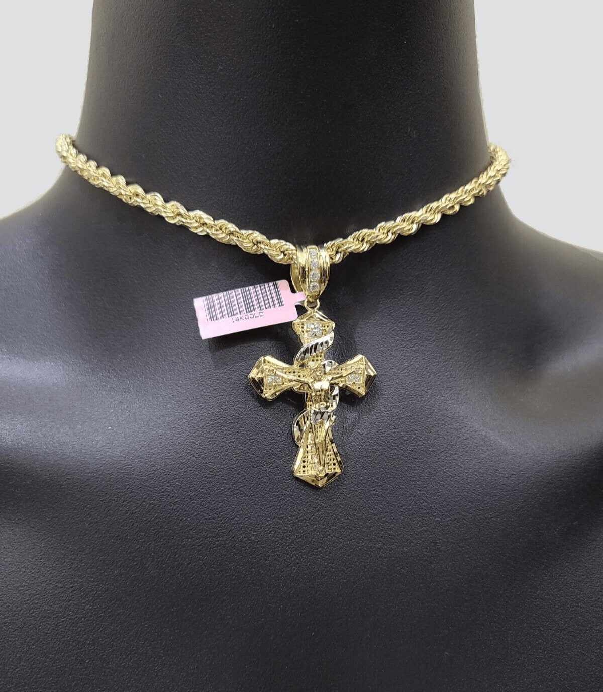 Real 14k Yellow Gold Rope Chain 5mm 18'' Necklace Jesus Cross Charm Pendant 14kt - GoldenlinQ
