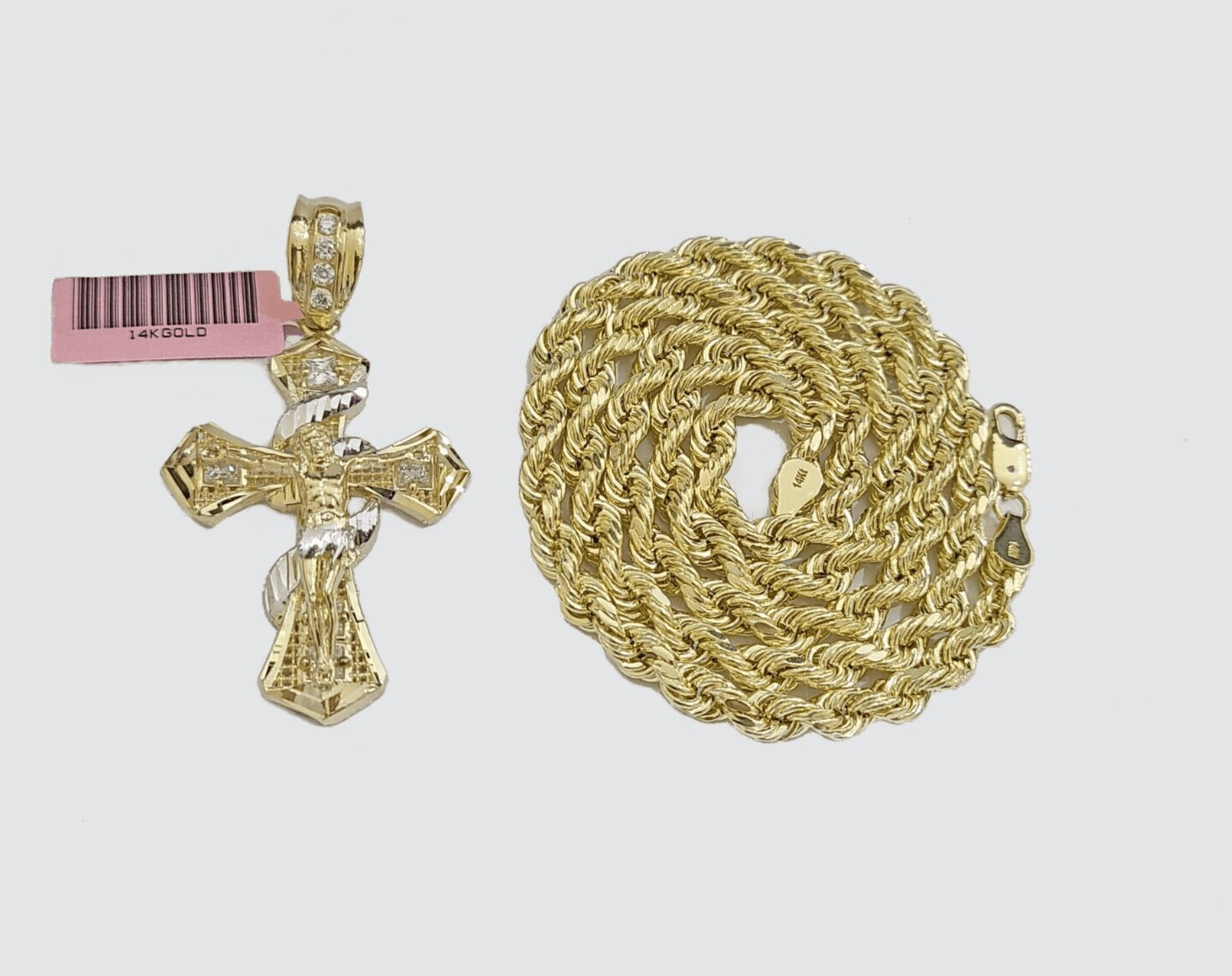 Real 14k Yellow Gold Rope Chain 5mm 22'' Necklace Jesus Cross Charm Pendant 14kt - GoldenlinQ