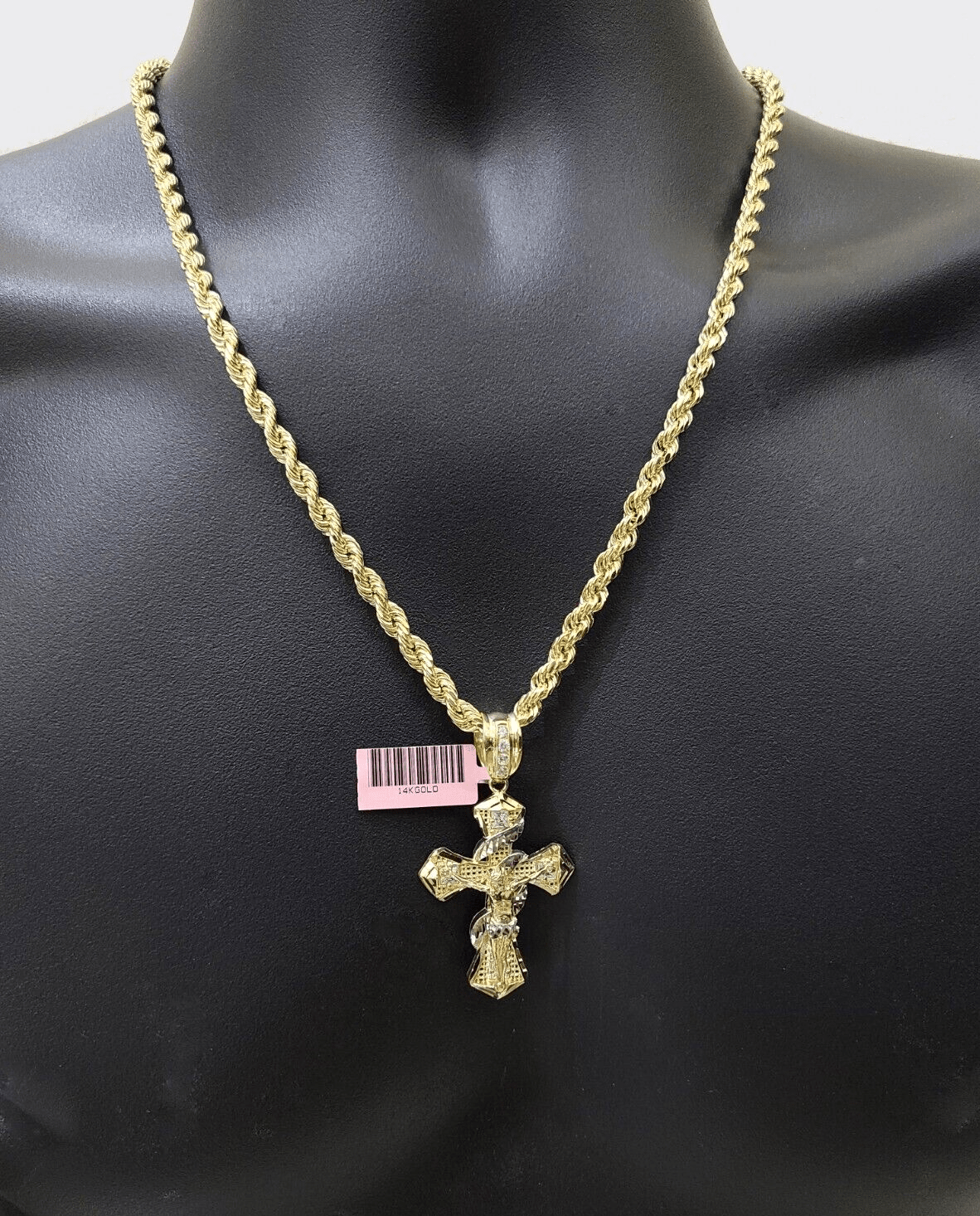 Real 14k Yellow Gold Rope Chain 5mm 22'' Necklace Jesus Cross Charm Pendant 14kt - GoldenlinQ