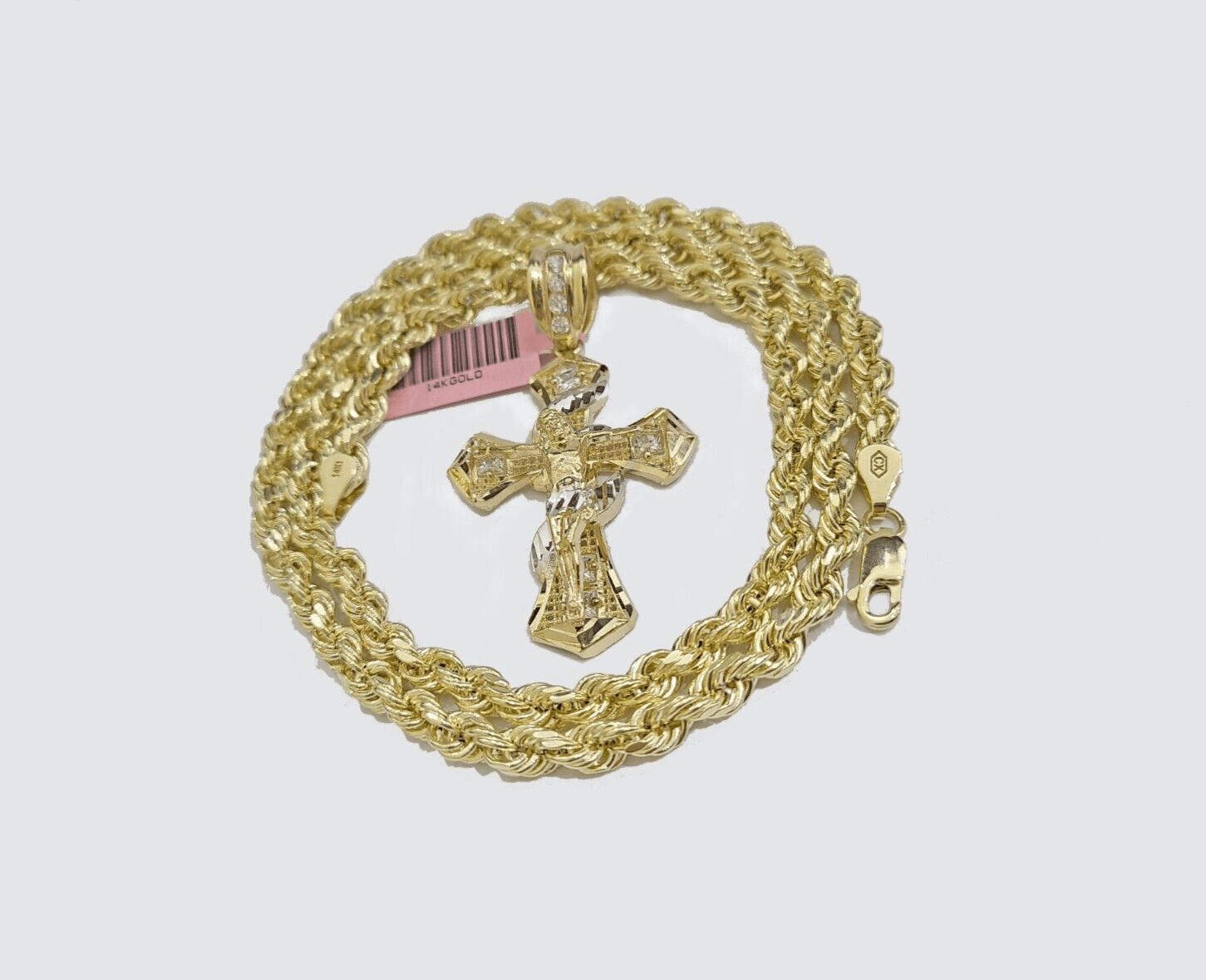 Real 14k Yellow Gold Rope Chain 5mm 24'' Necklace Jesus Cross Charm Pendant 14kt - GoldenlinQ