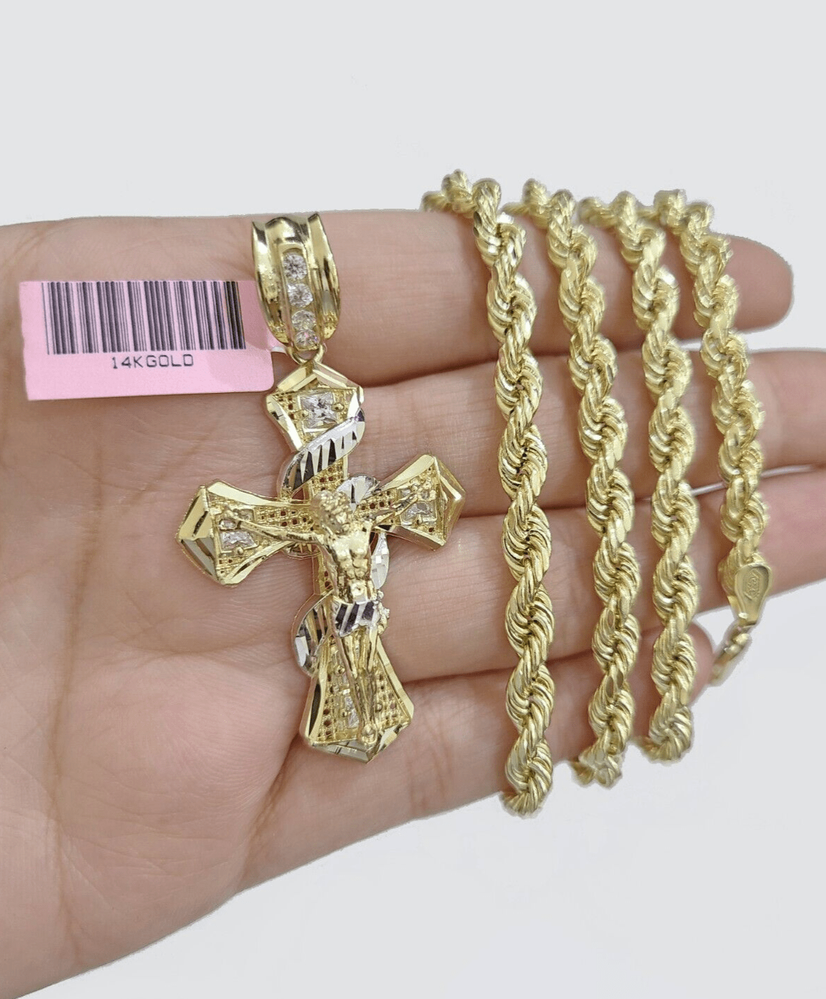 Real 14k Yellow Gold Rope Chain 5mm 26'' Necklace Jesus Cross Charm Pendant 14kt - GoldenlinQ