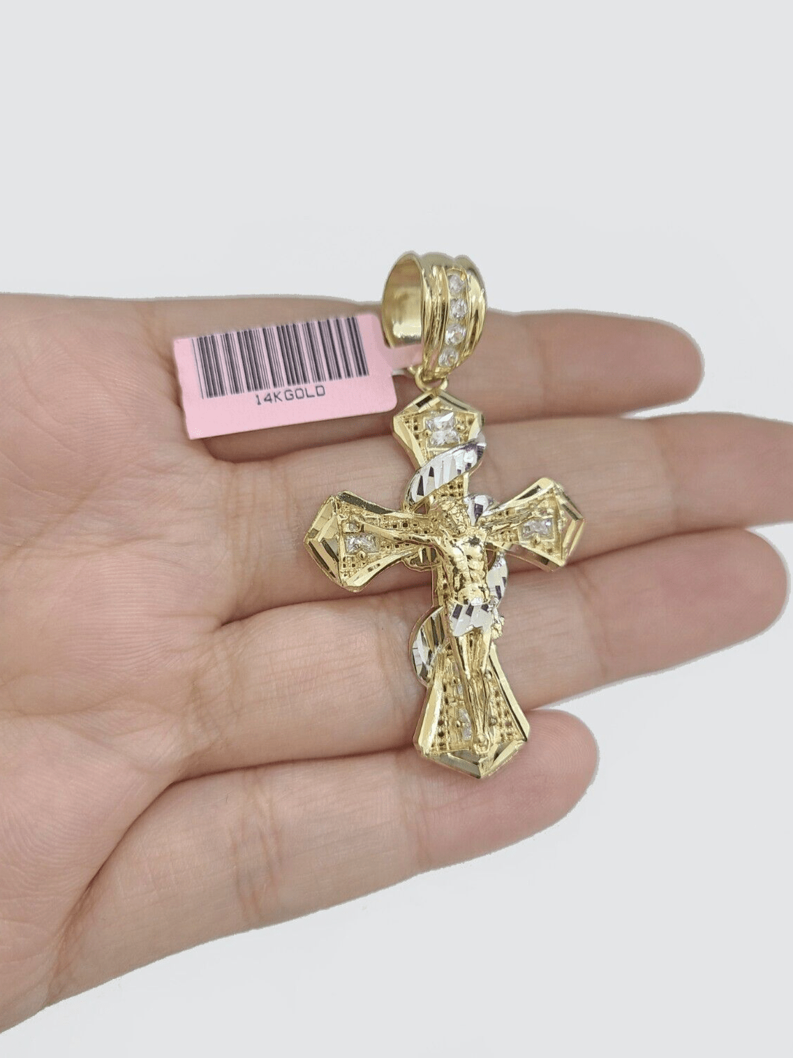 Real 14k Yellow Gold Rope Chain 5mm 26'' Necklace Jesus Cross Charm Pendant 14kt - GoldenlinQ