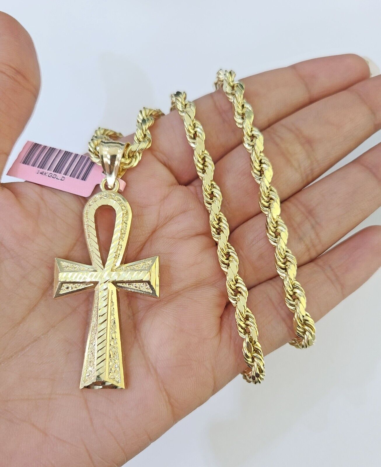 Real 14k Yellow Gold Rope Chain Ankh Cross Charm Set Link 5mm 22Inch Necklace