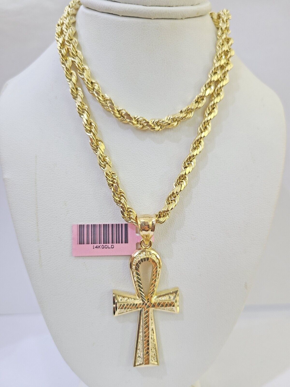 Real 14k Yellow Gold Rope Chain Ankh Cross Charm Set Link 5mm 22Inch Necklace