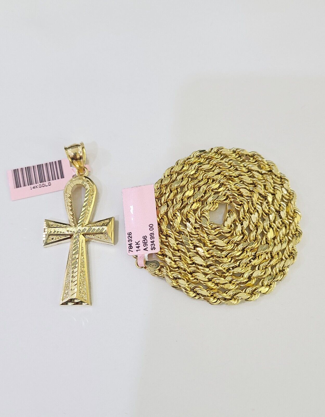 Real 14k Yellow Gold Rope Chain Ankh Cross Charm Set Link 5mm 22Inch Necklace