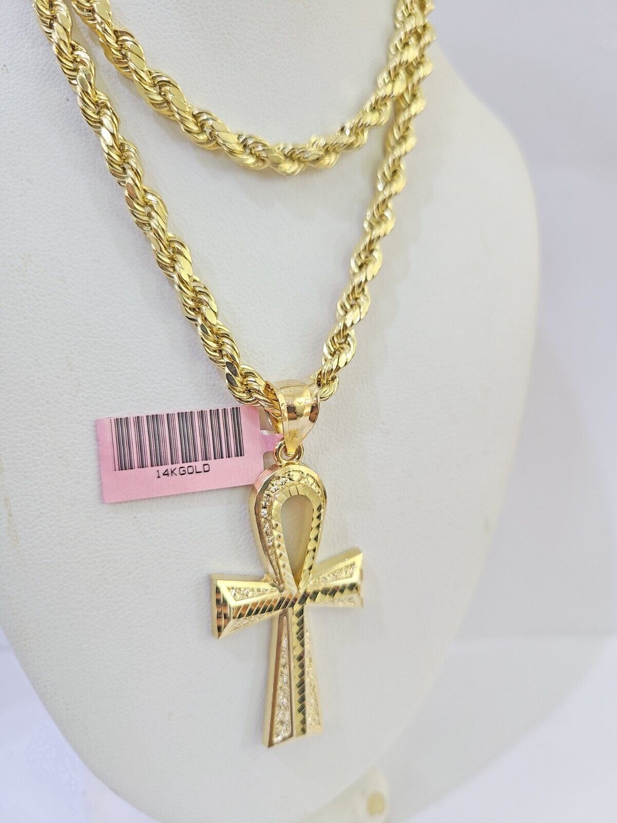 Real 14k Yellow Gold Rope Chain Ankh Cross Charm Set Link 5mm 22Inch Necklace