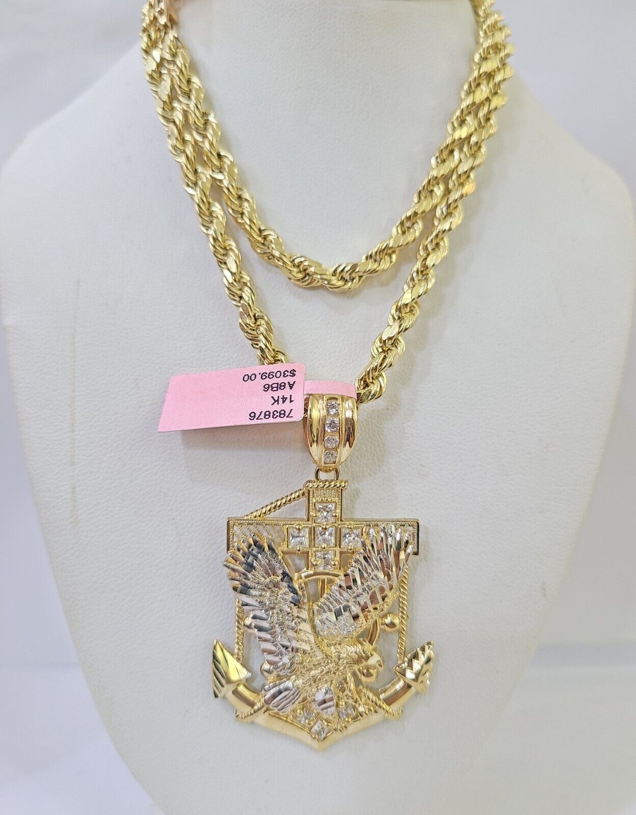 Real 14k Yellow Gold Rope Chain Eagle Anchor Charm Set Link 7mm 18"-26" Necklace